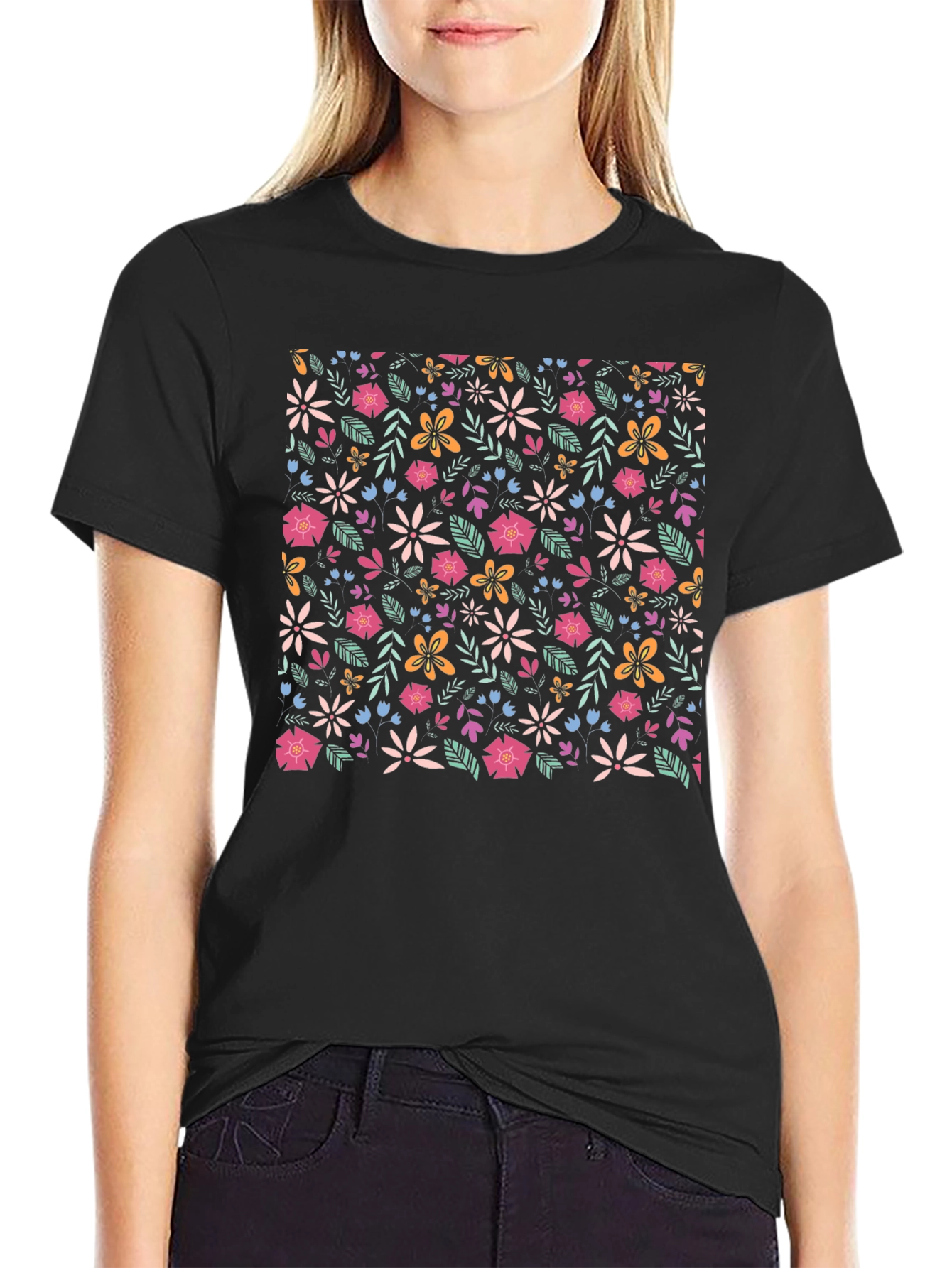 Floral Print T-Shirt - Black Crew Neck