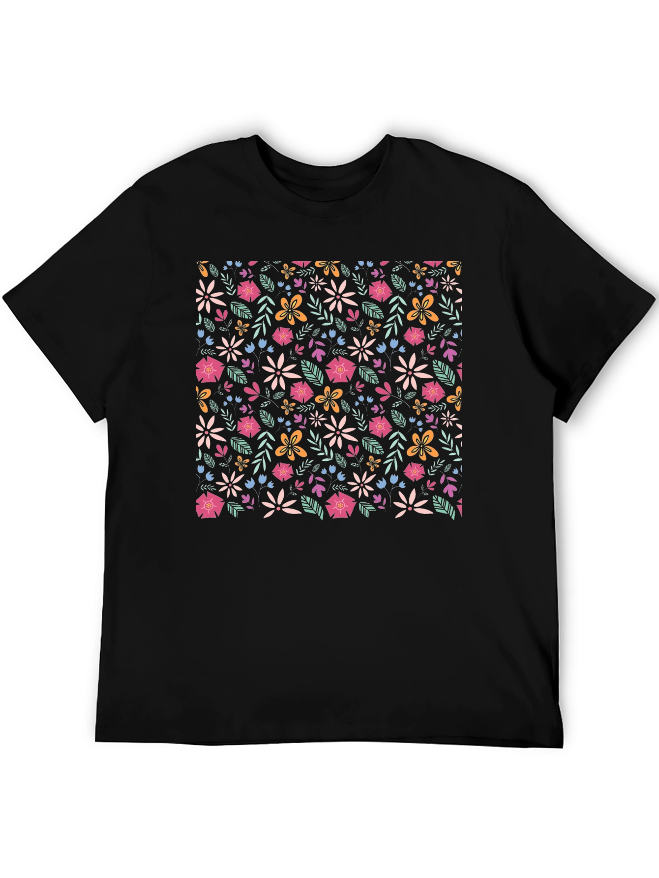 Floral Print T-Shirt - Black Crew Neck