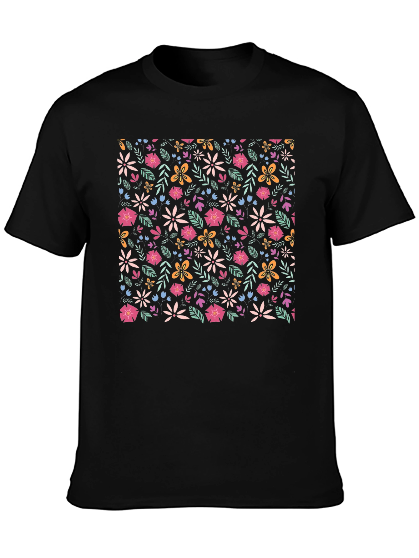 Floral Print T-Shirt - Black Crew Neck