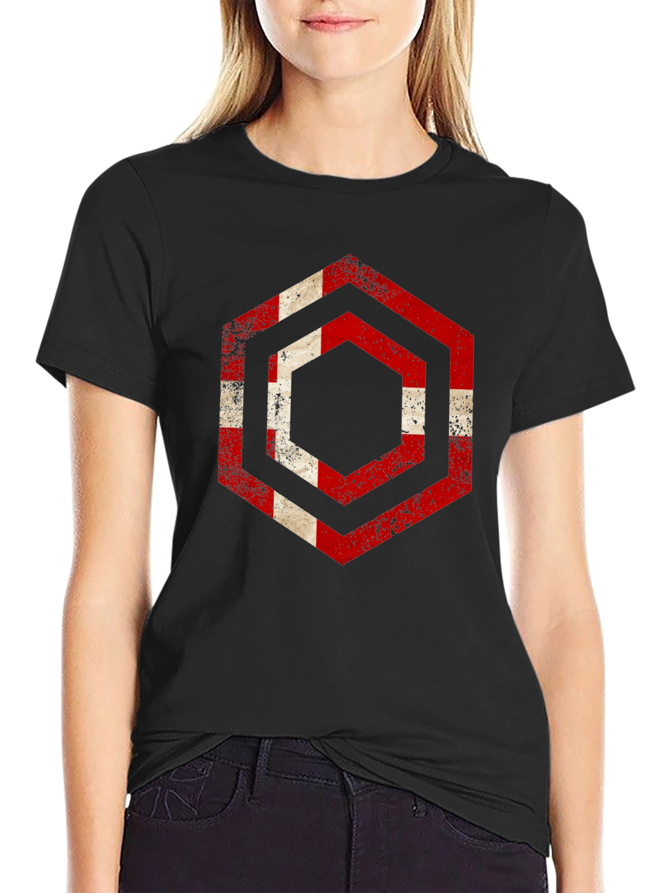 Distressed Denmark Flag Hexagon T-Shirt