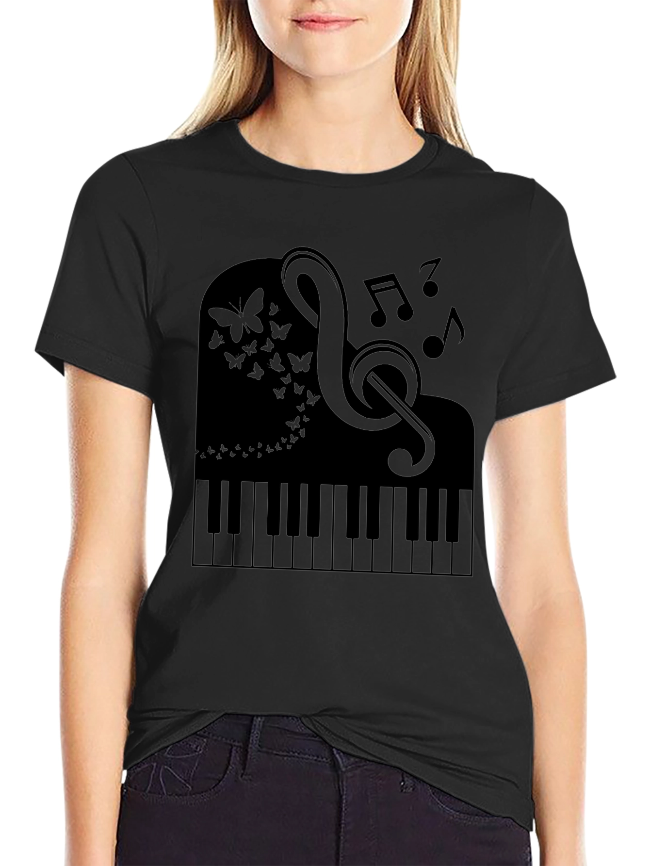 Musical Piano Butterfly Graphic Tee - Black