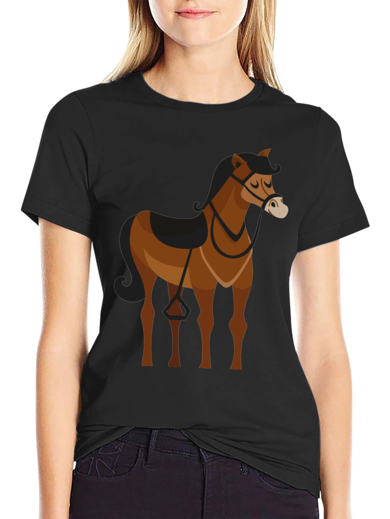 Black T-Shirt with Brown Horse Graphic