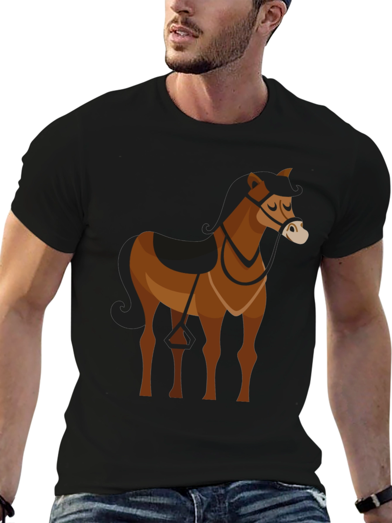 Black T-Shirt with Brown Horse Graphic