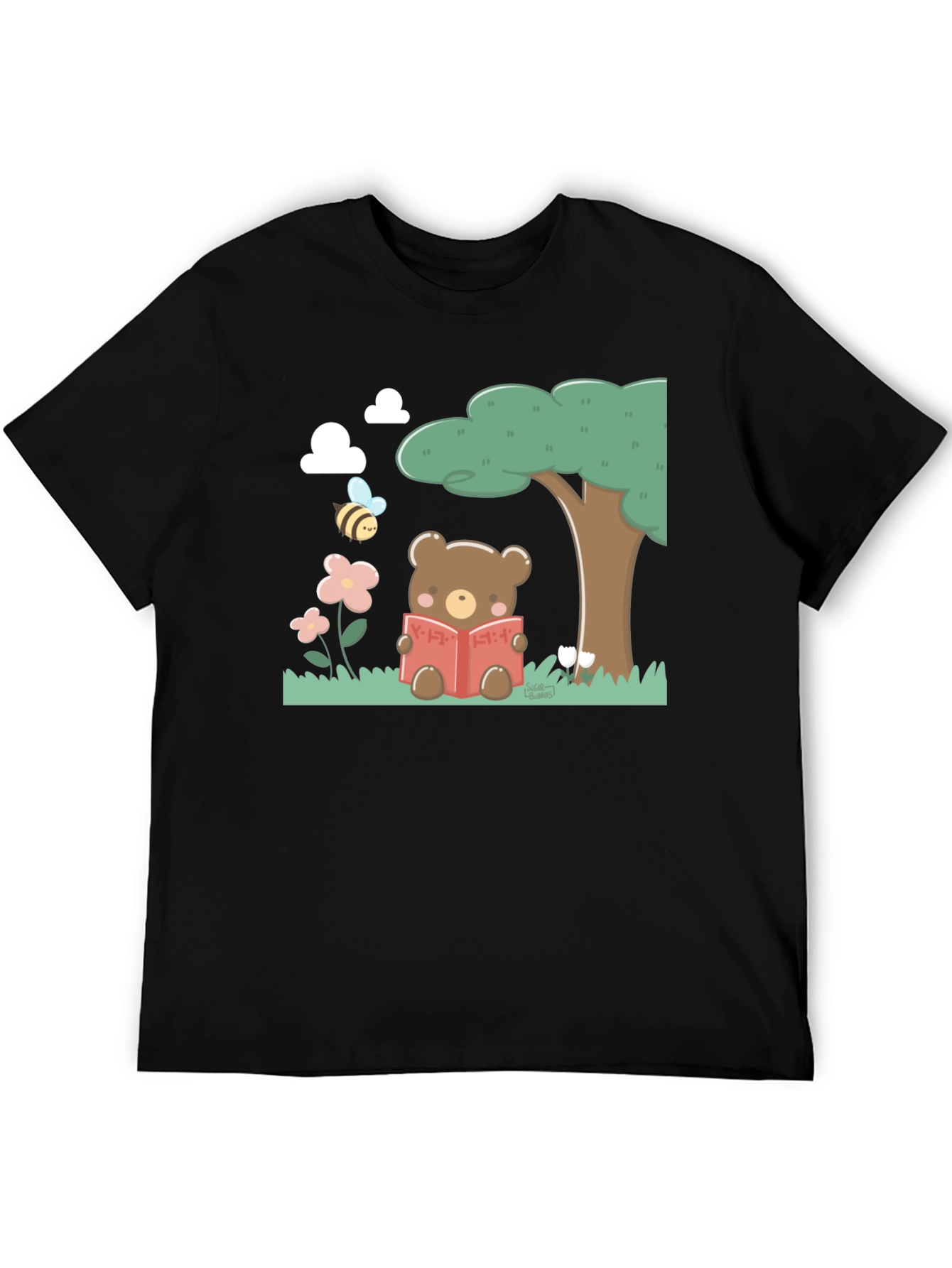 Cute Bear Reading T-Shirt - Black