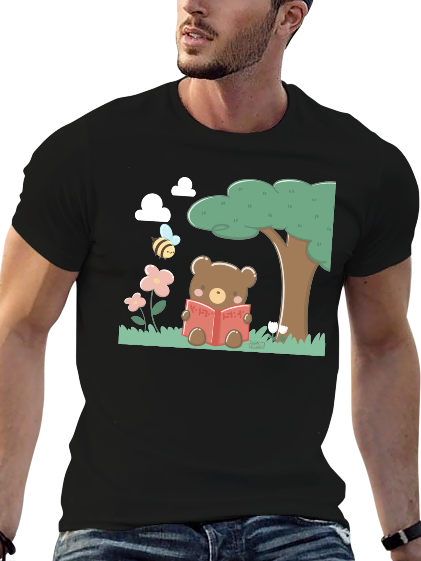 Cute Bear Reading T-Shirt - Black