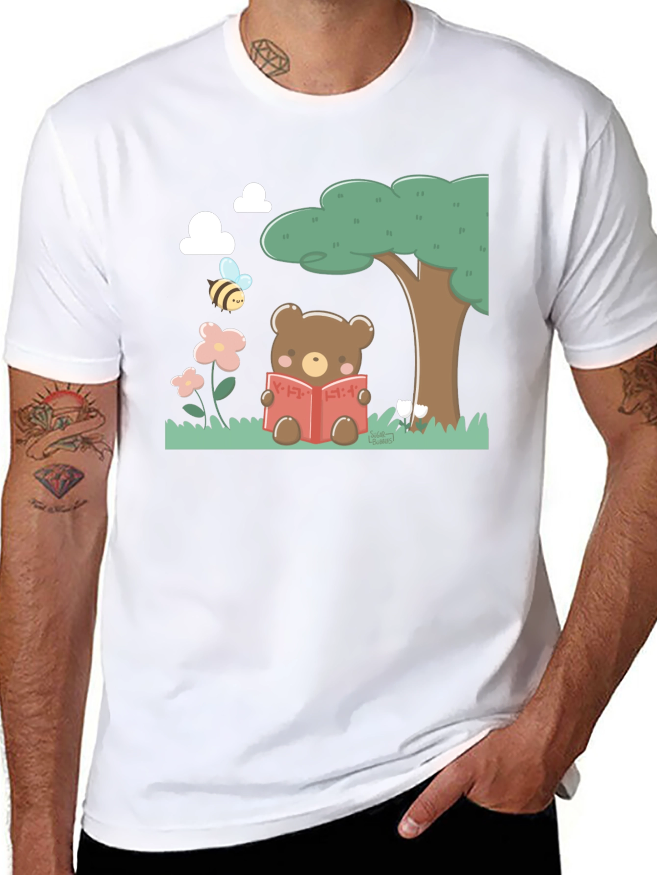 Cute Bear Reading T-Shirt - Black