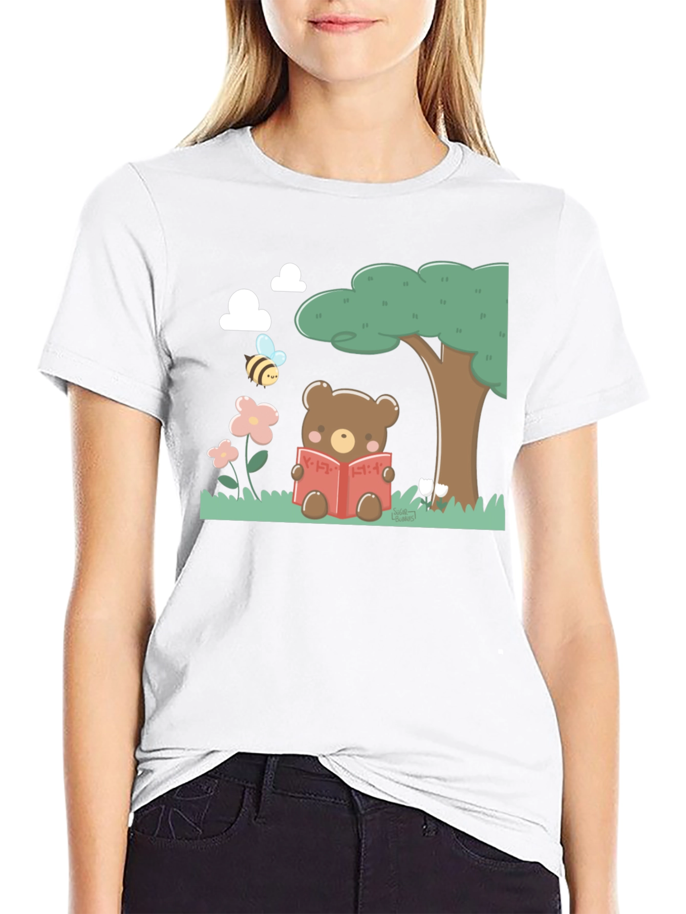 Cute Bear Reading T-Shirt - Black