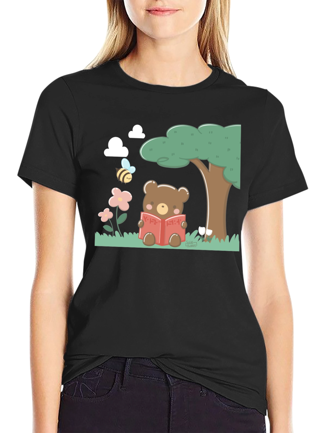 Cute Bear Reading T-Shirt - Black