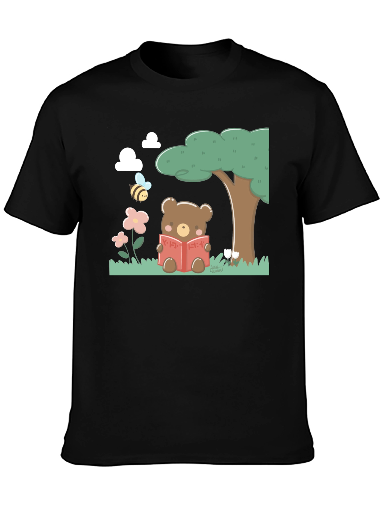Cute Bear Reading T-Shirt - Black
