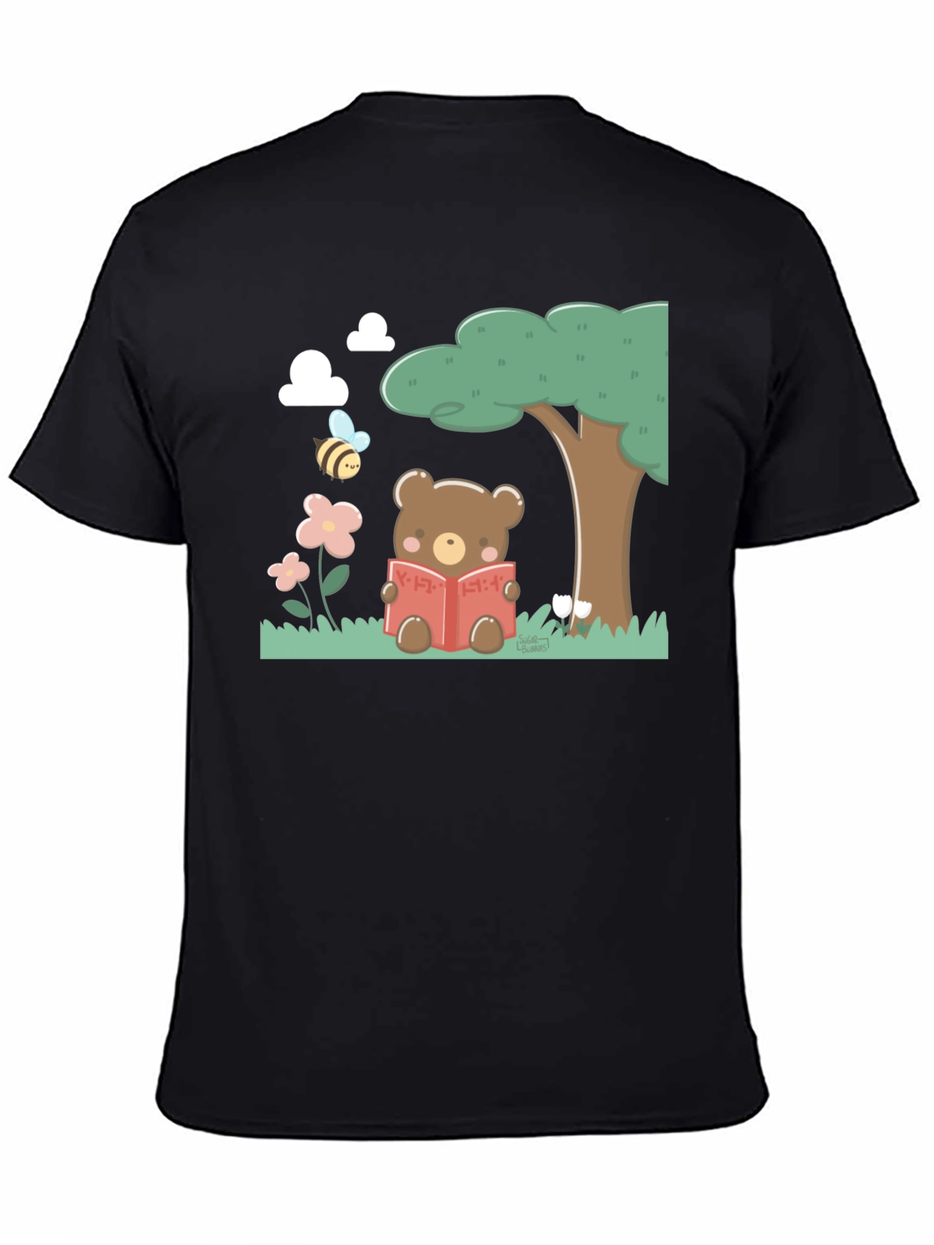 Cute Bear Reading T-Shirt - Black