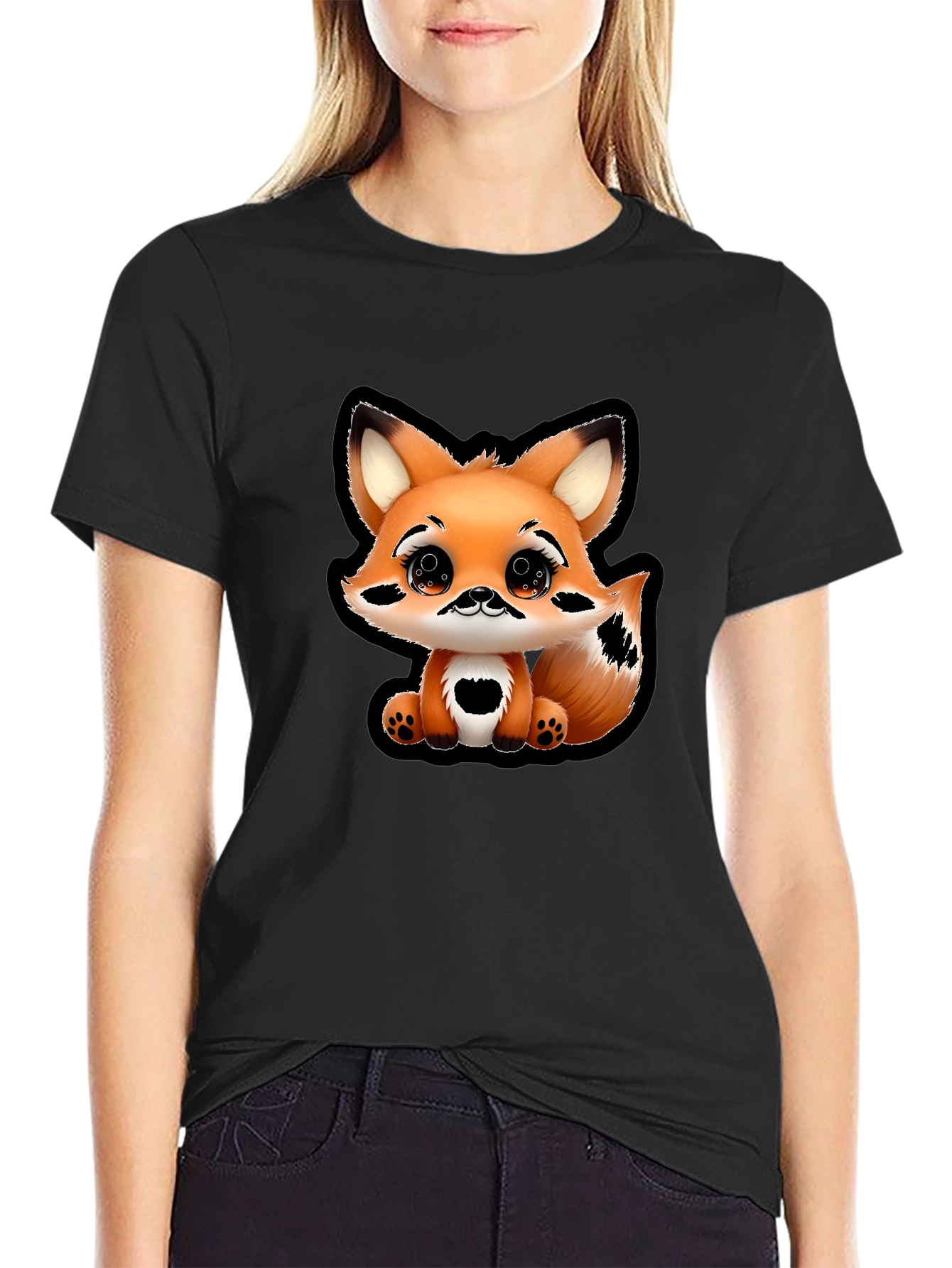 Cute Cartoon Fox Graphic Tee - Black