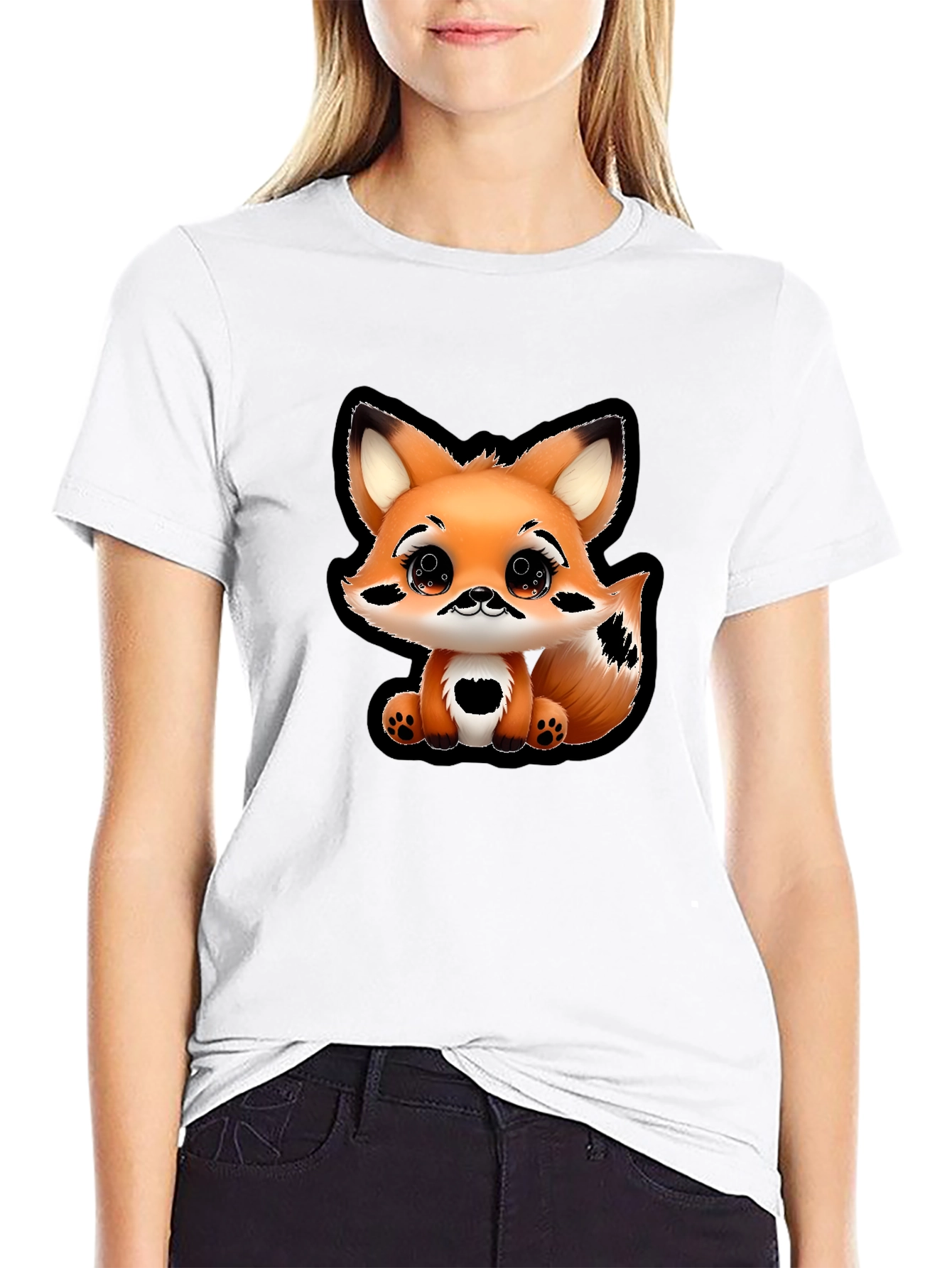 Cute Cartoon Fox Graphic Tee - Black