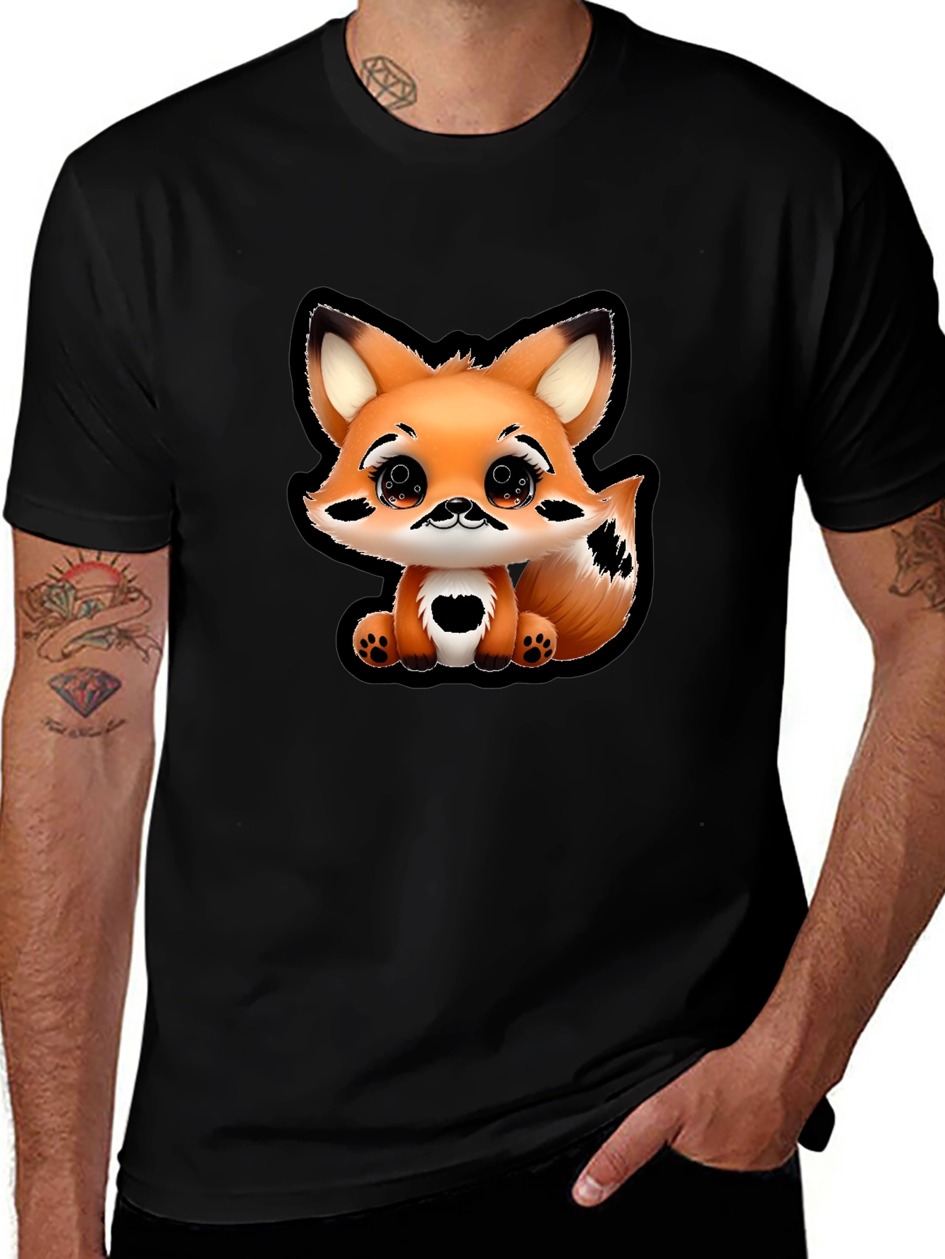 Cute Cartoon Fox Graphic Tee - Black