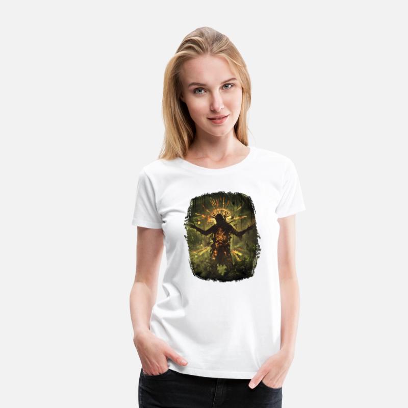 Mystical Shaman With Runic Spell In Jungle Light