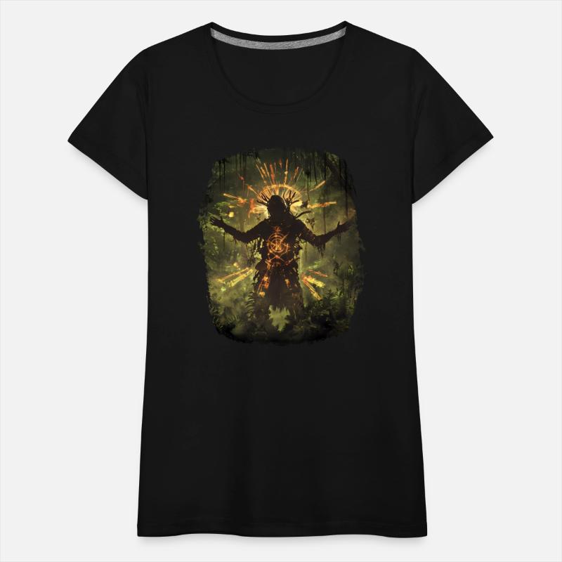 Mystical Shaman With Runic Spell In Jungle Light