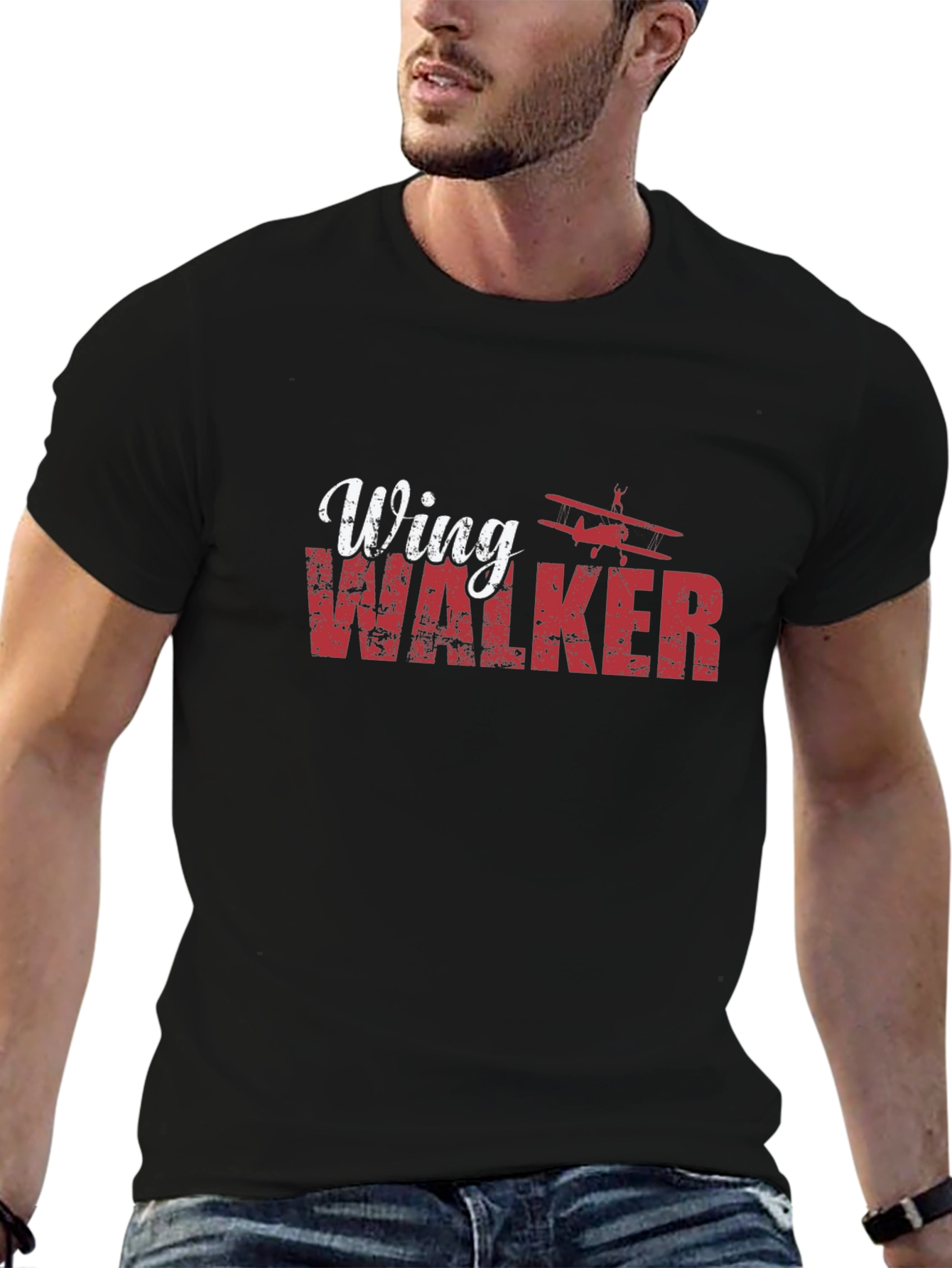 Wing Walker Airplane Black T-Shirt