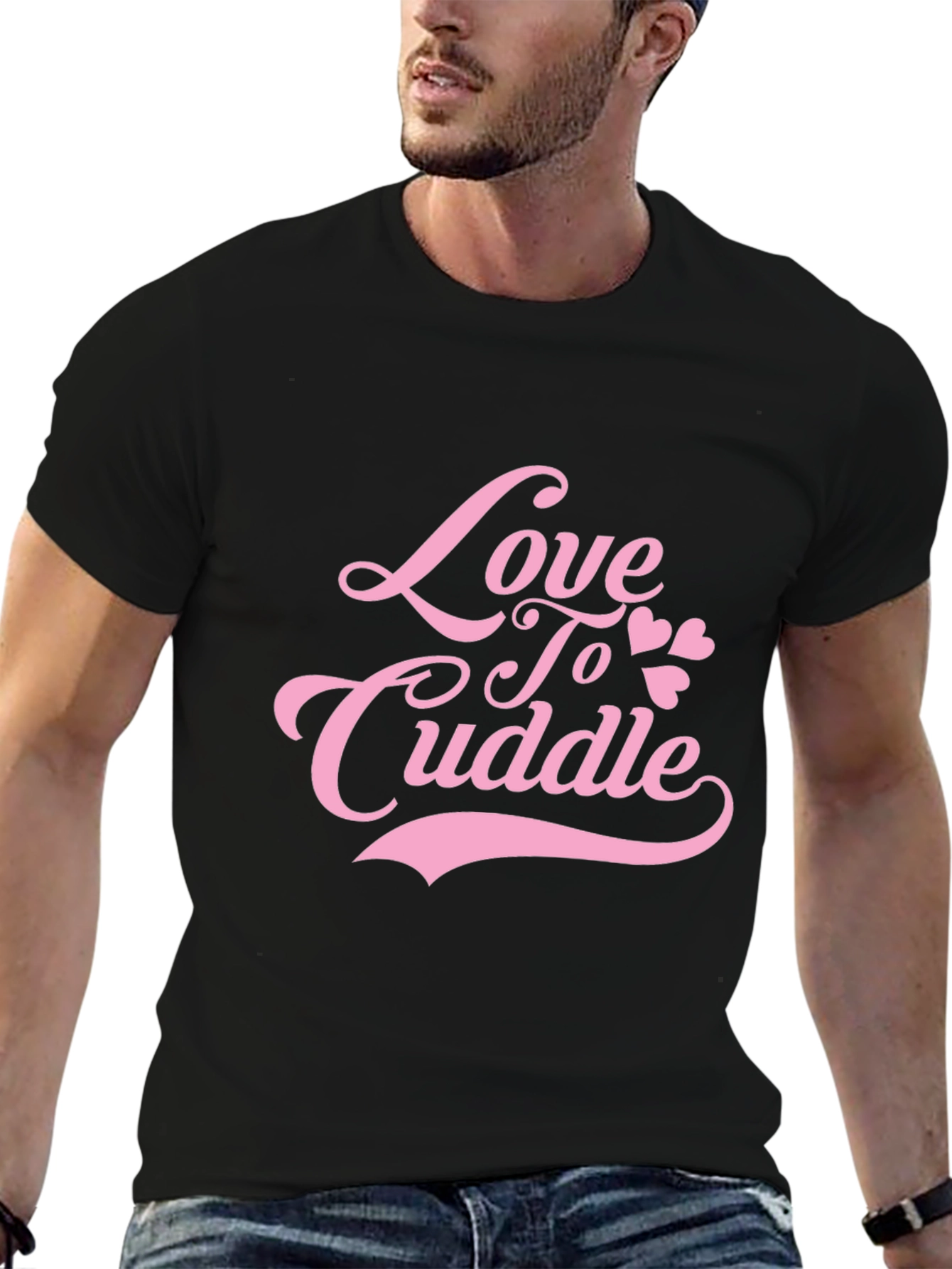 Love To Cuddle Pink Graphic Black T-Shirt