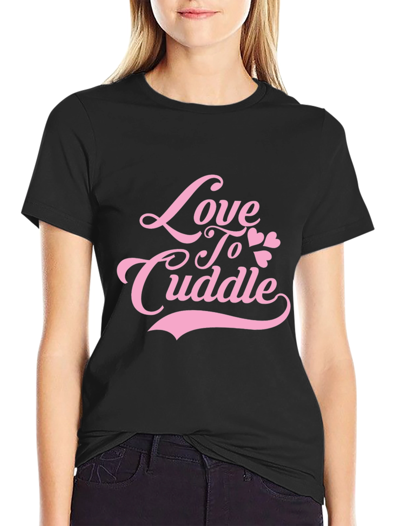 Love To Cuddle Pink Graphic Black T-Shirt