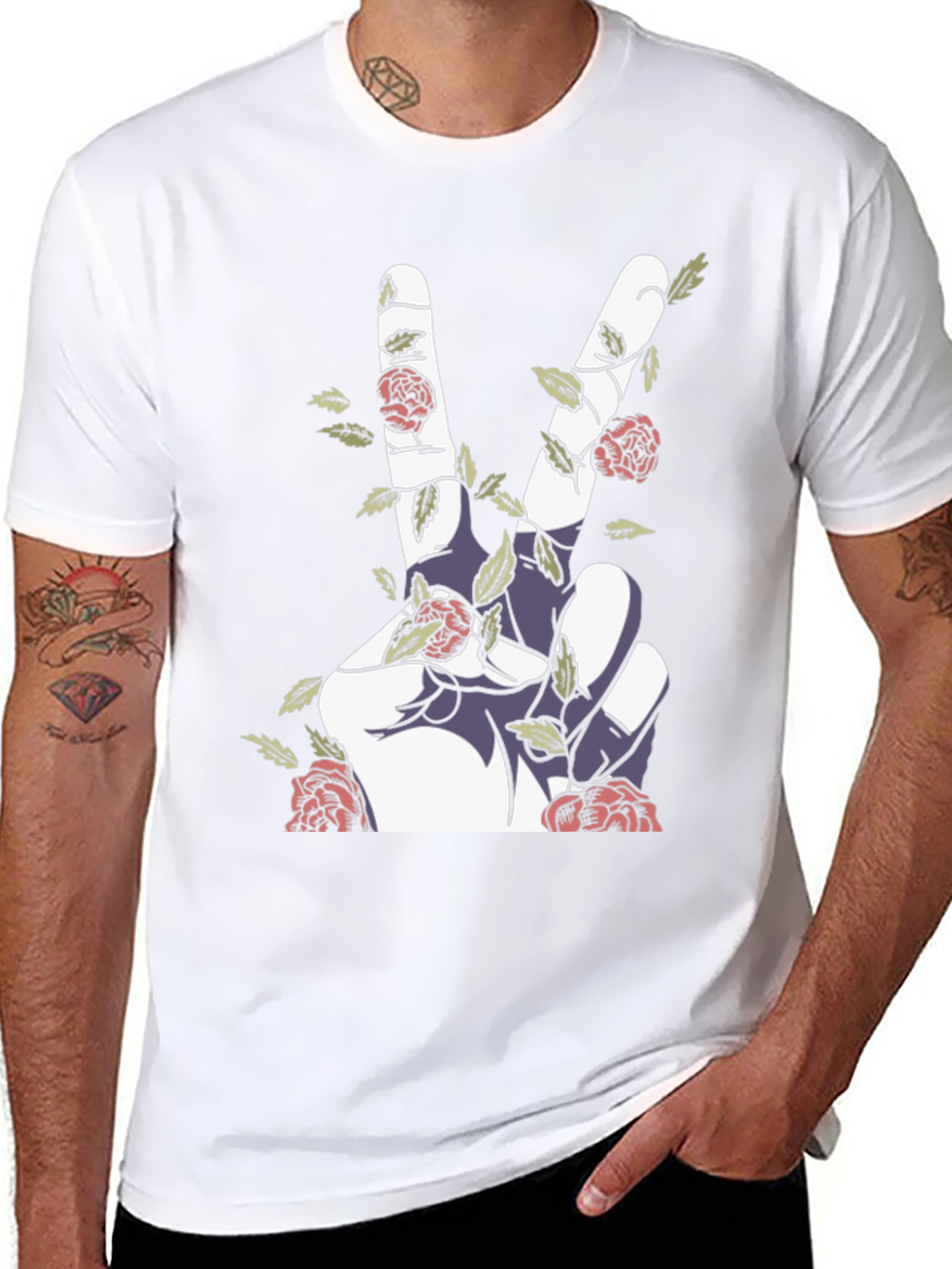 Peace Sign Hand with Roses Graphic Tee