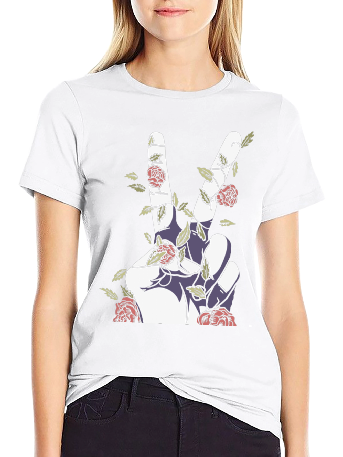 Peace Sign Hand with Roses Graphic Tee