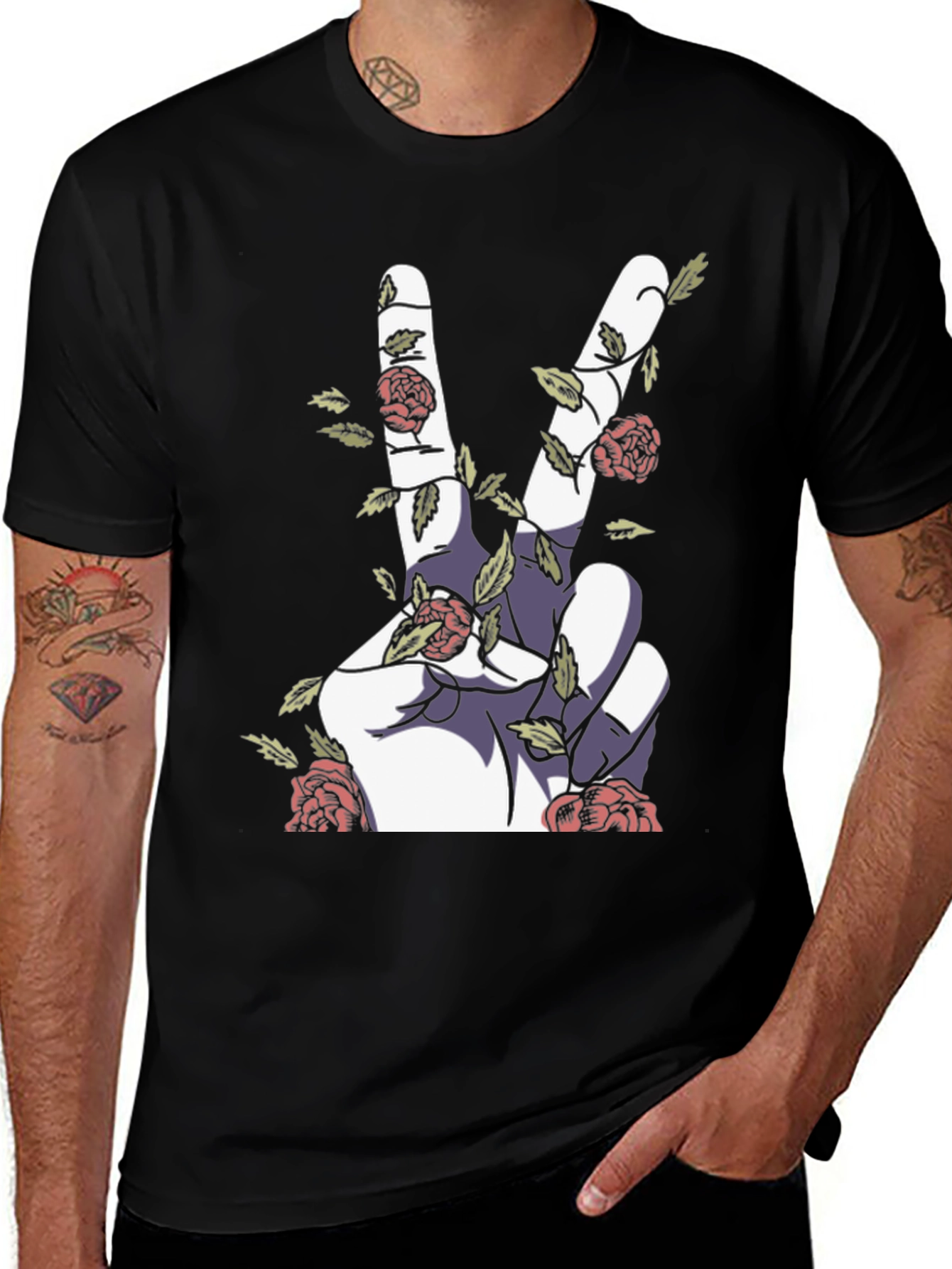 Peace Sign Hand with Roses Graphic Tee