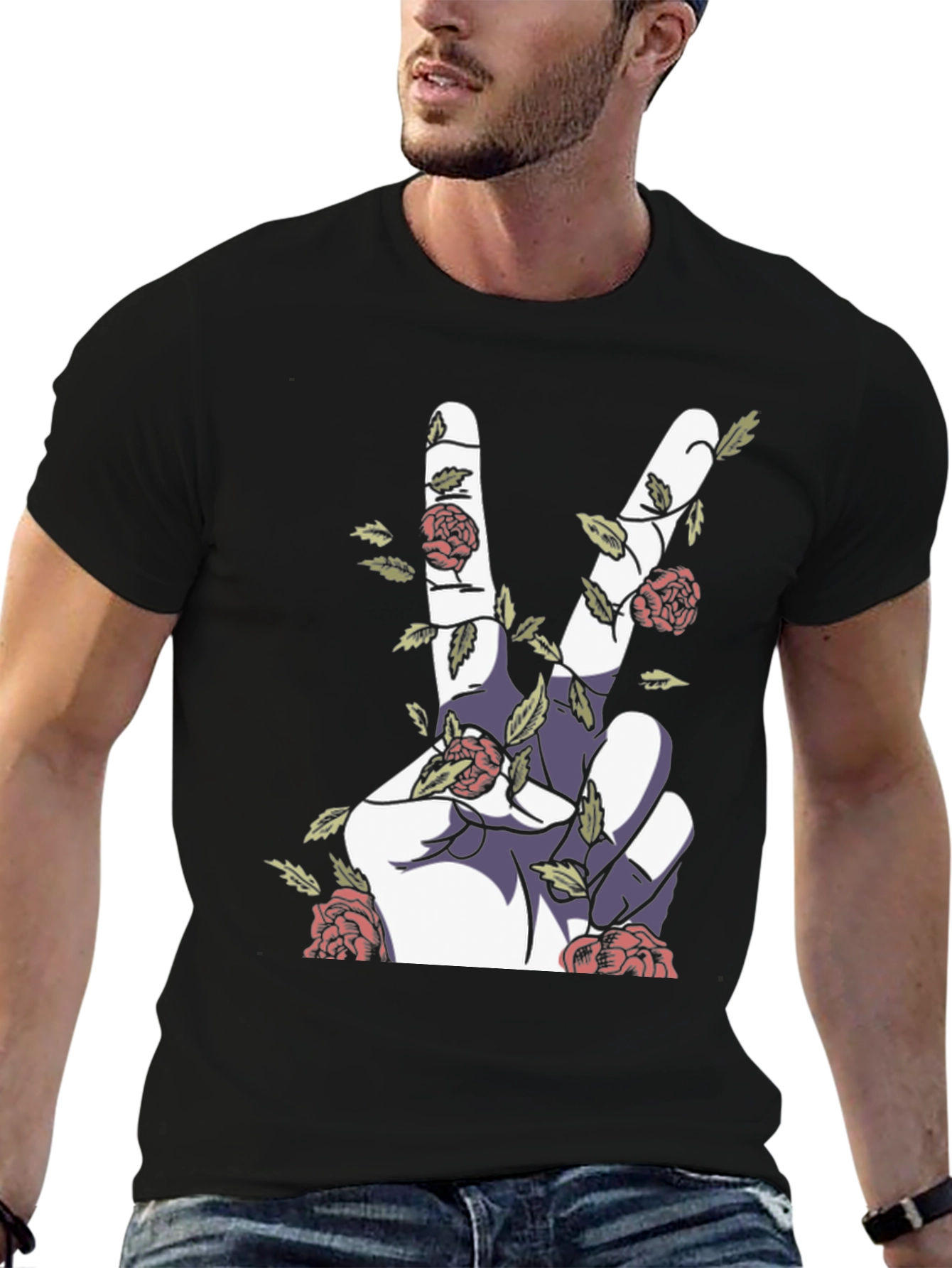 Peace Sign Hand with Roses Graphic Tee