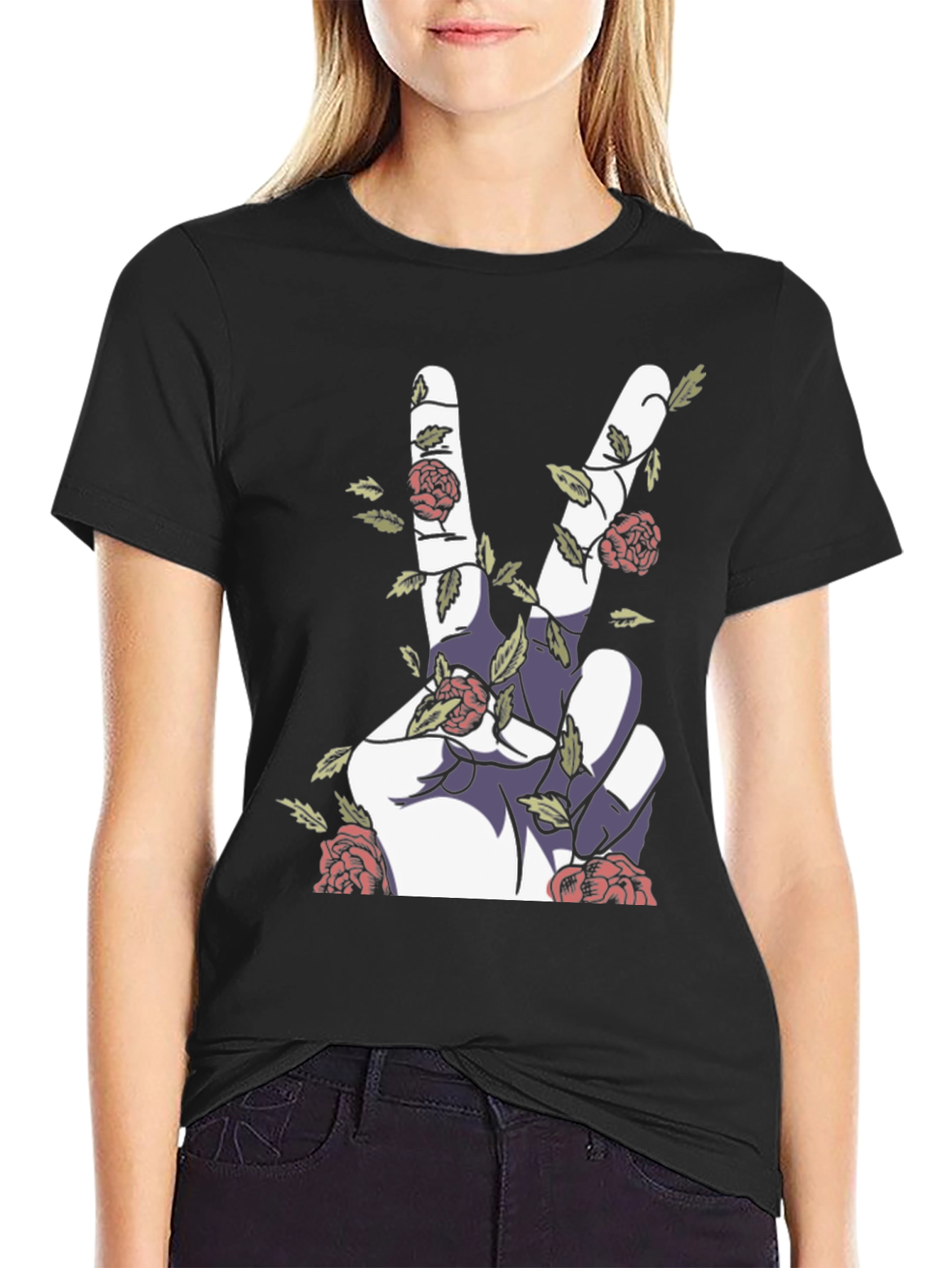 Peace Sign Hand with Roses Graphic Tee