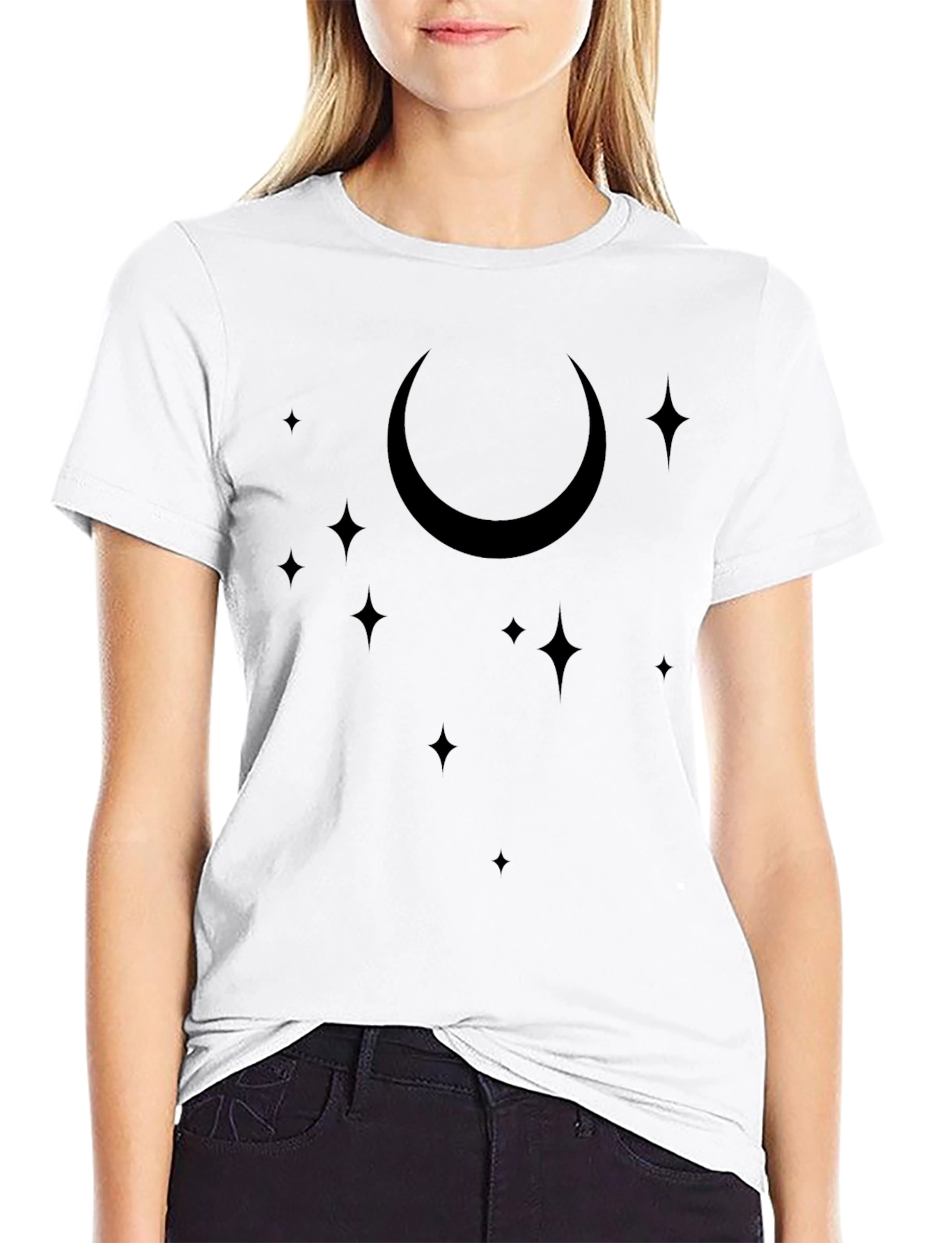 Celestial Crescent Moon & Stars Black T-Shirt