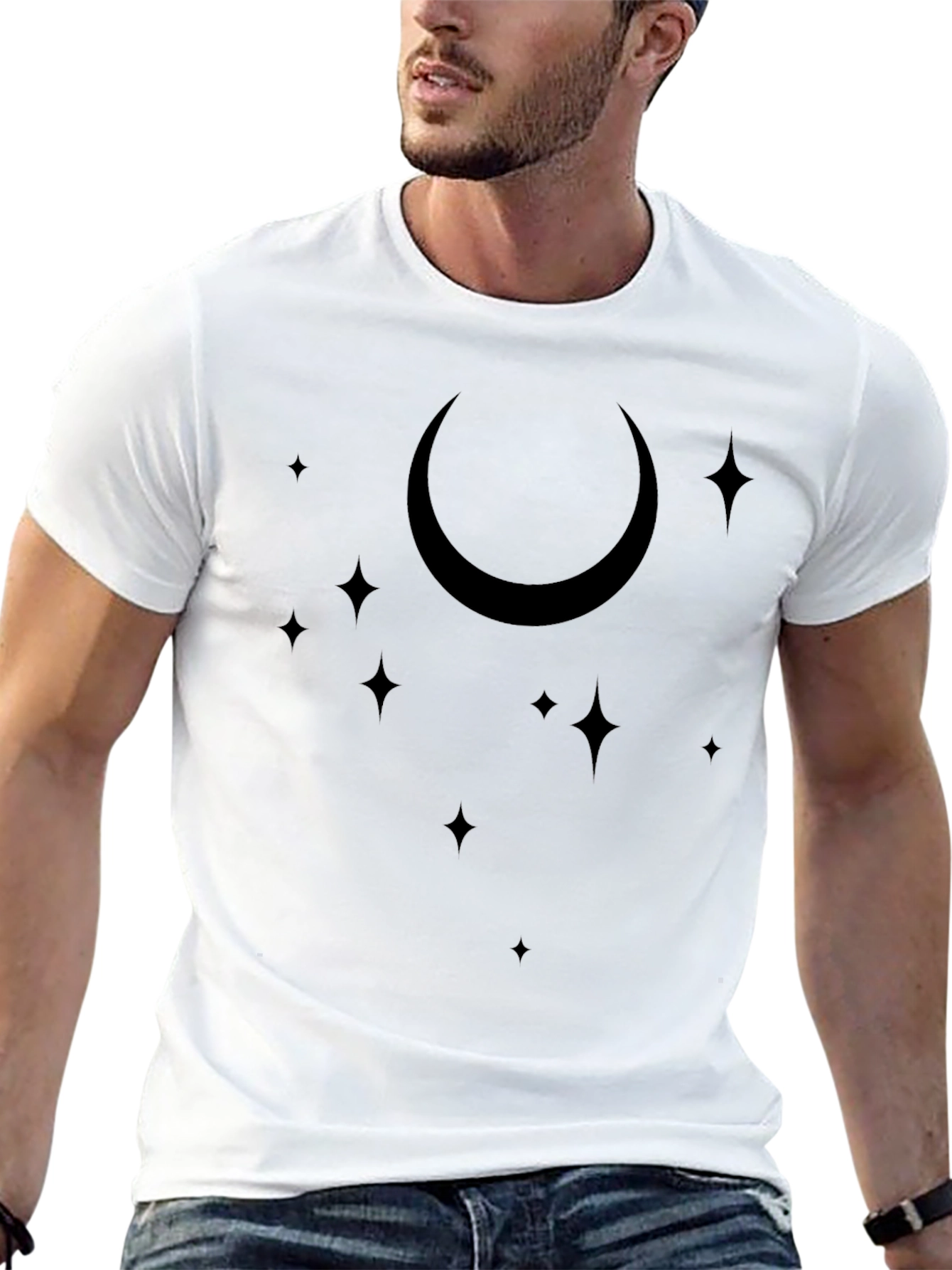 Celestial Crescent Moon & Stars Black T-Shirt