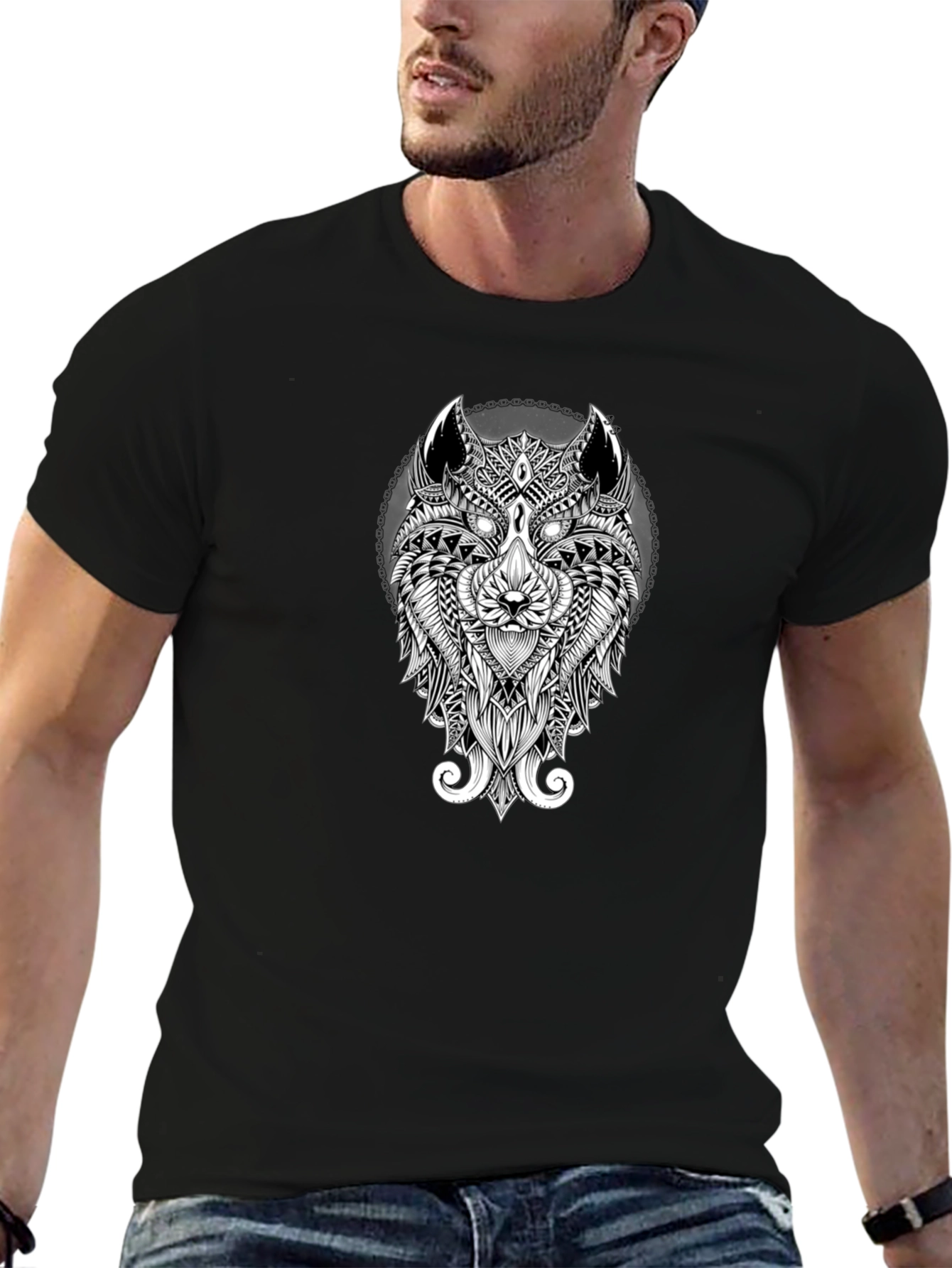 Abstract Wolf Graphic Print Black T-Shirt