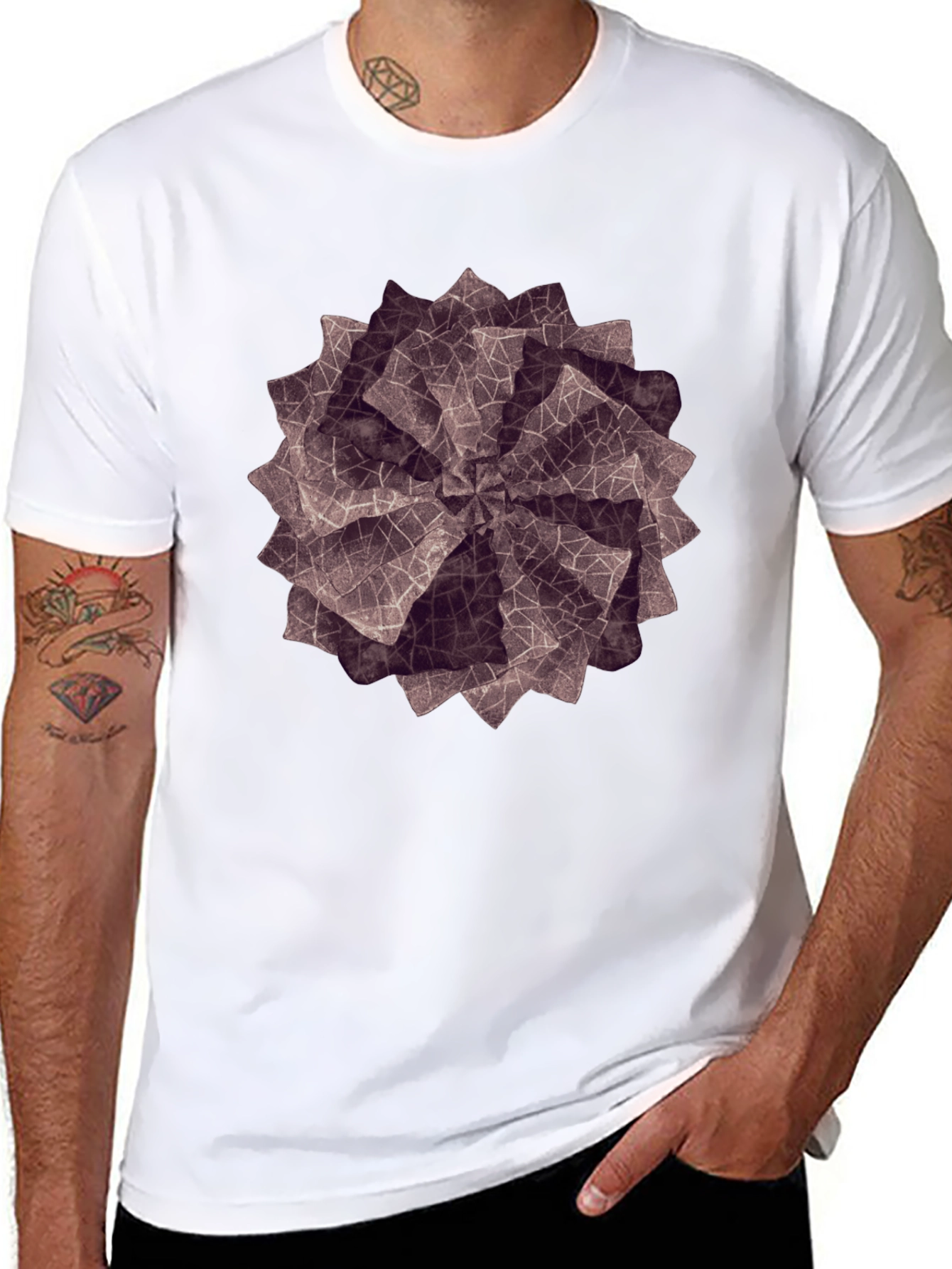 Geometric Petal Print Black T-Shirt