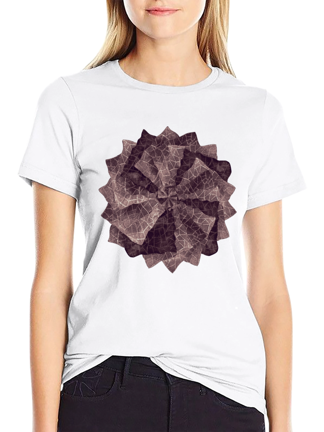 Geometric Petal Print Black T-Shirt