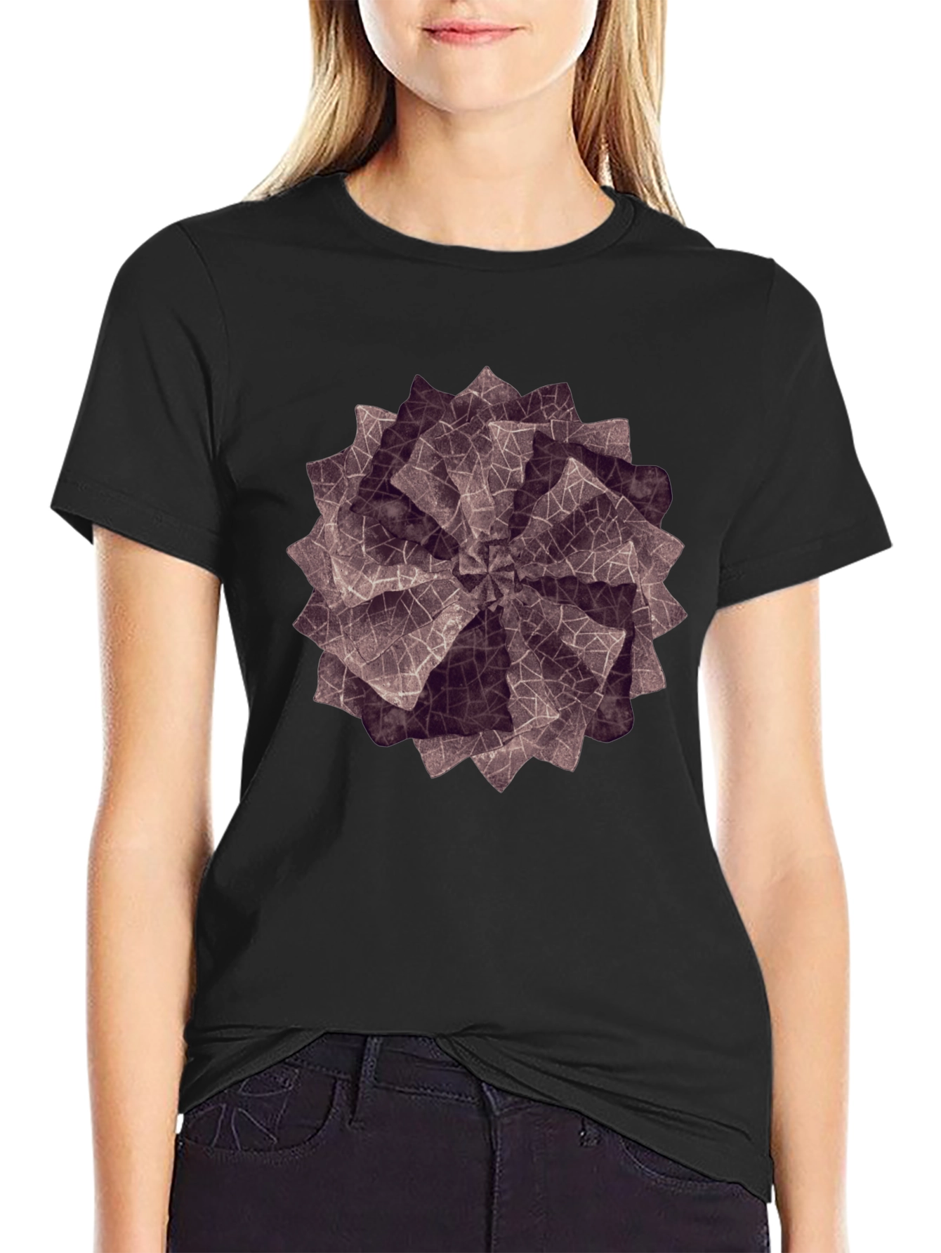 Geometric Petal Print Black T-Shirt