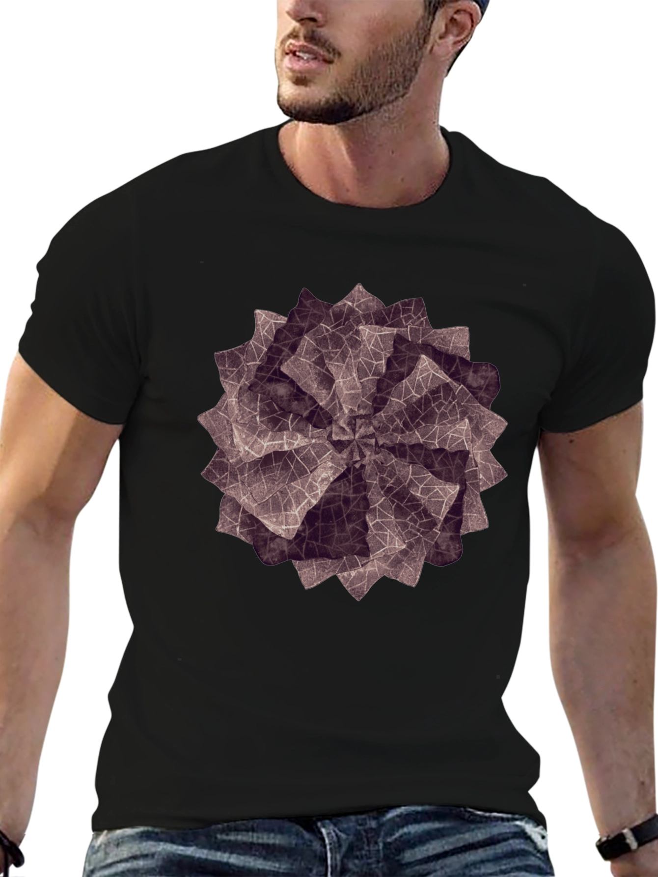 Geometric Petal Print Black T-Shirt