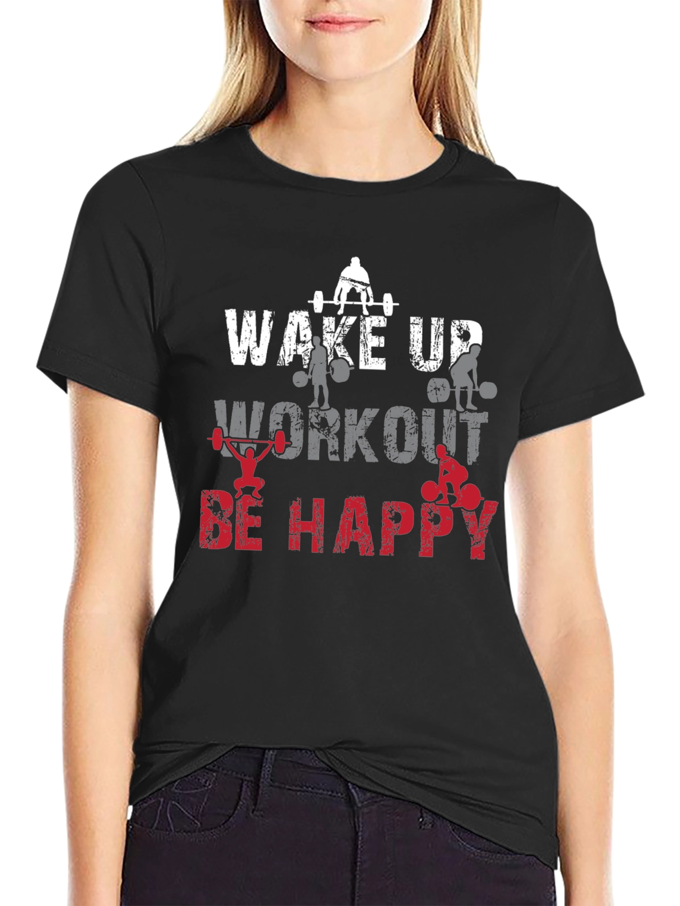 Wake Up Workout Happy Black Graphic Tee