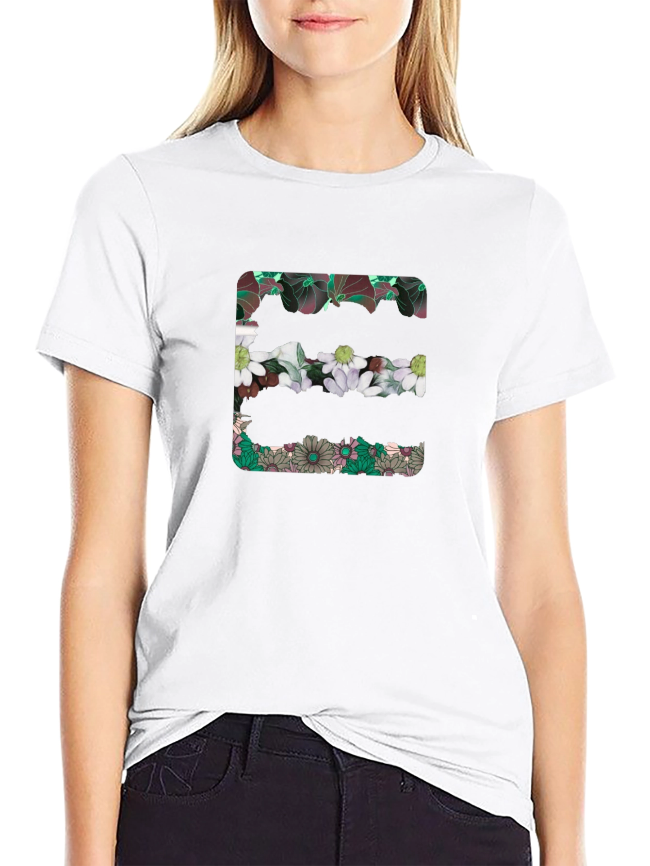 Floral Initial E Black T-Shirt