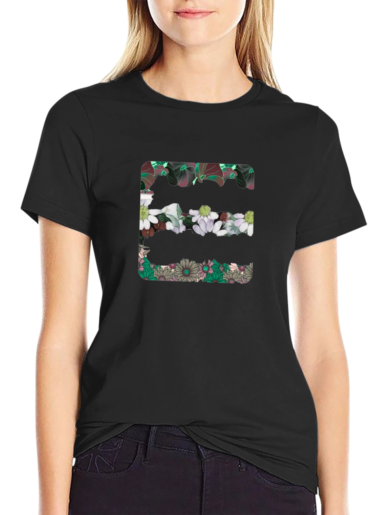 Floral Initial E Black T-Shirt