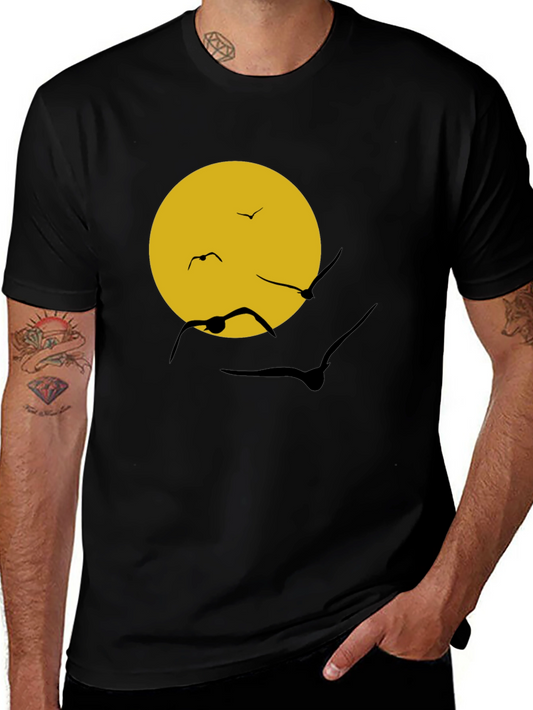 Black T-Shirt with Sun & Birds Graphic