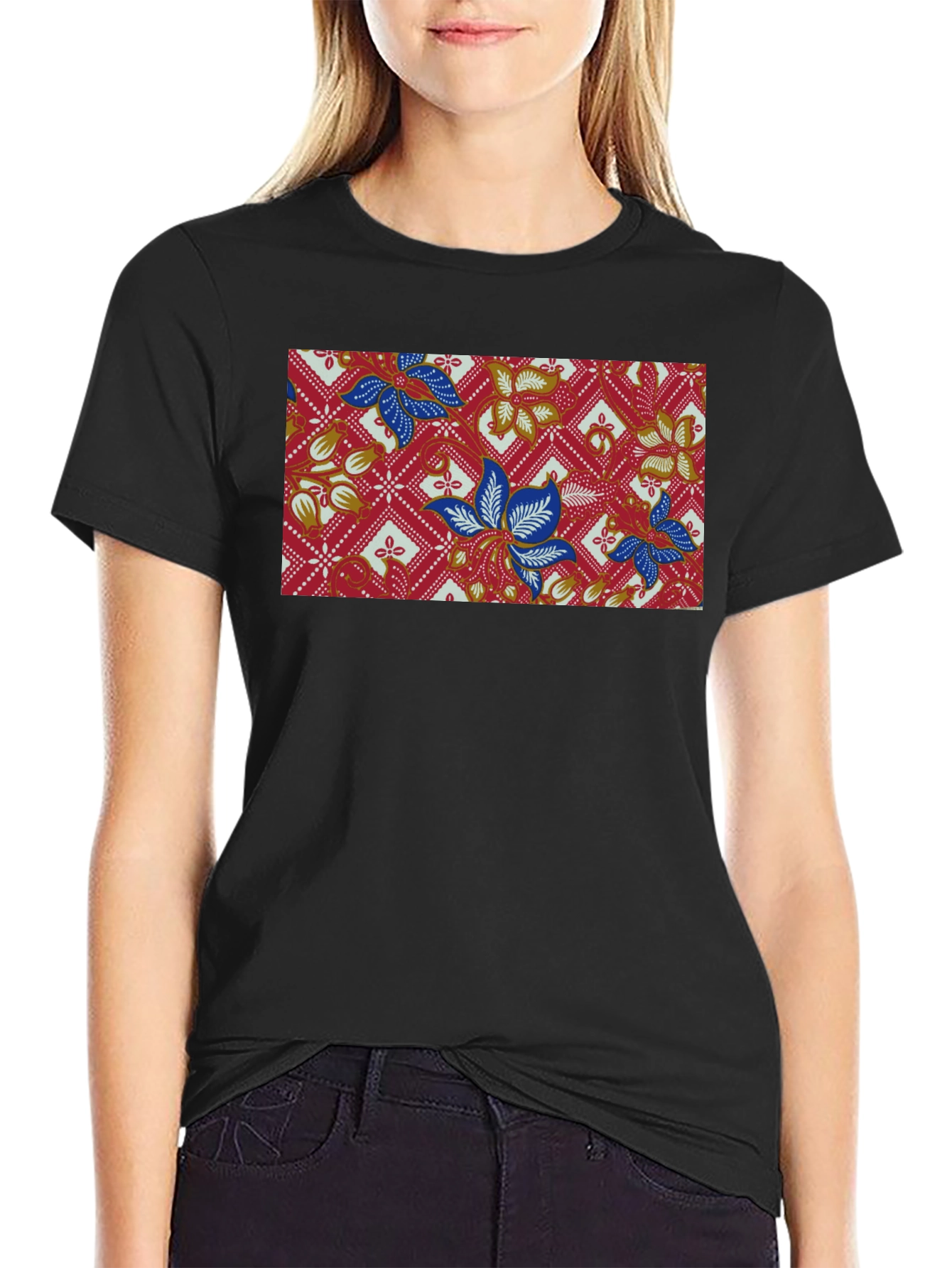 Batik Floral Pattern Black T-Shirt