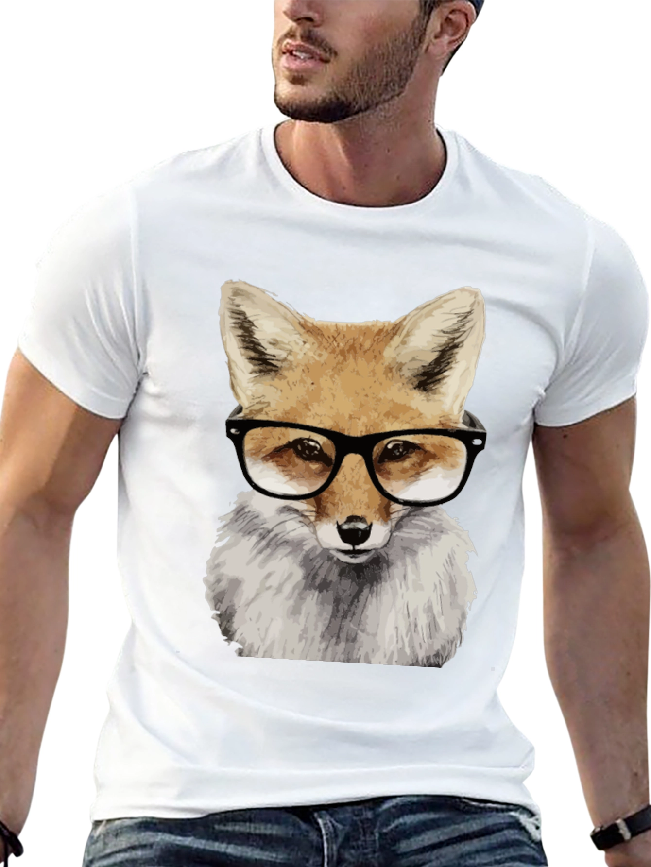 Fox with Glasses Graphic Tee - Black Cotton T-Shirt