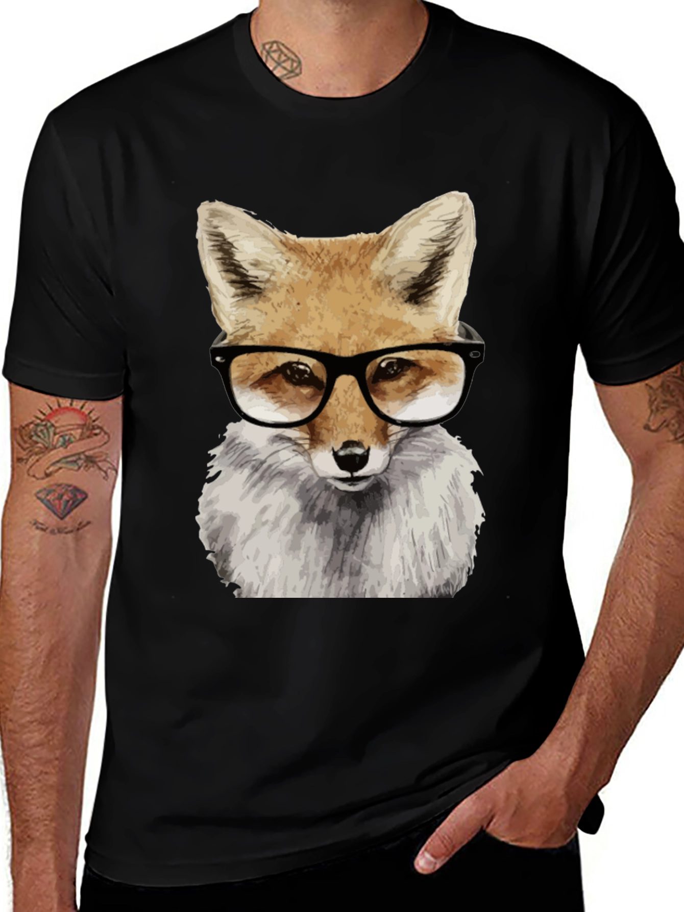 Fox with Glasses Graphic Tee - Black Cotton T-Shirt