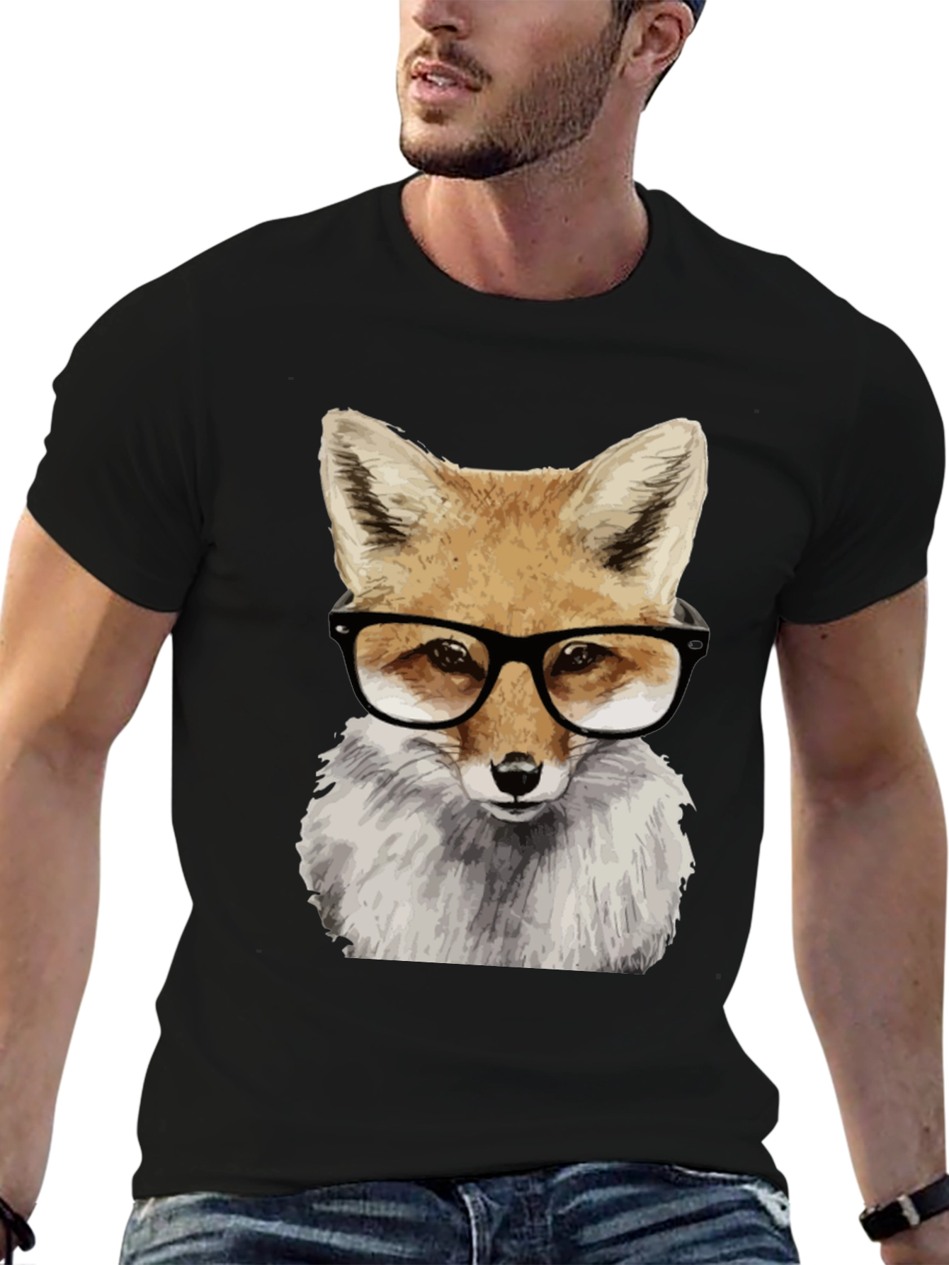 Fox with Glasses Graphic Tee - Black Cotton T-Shirt