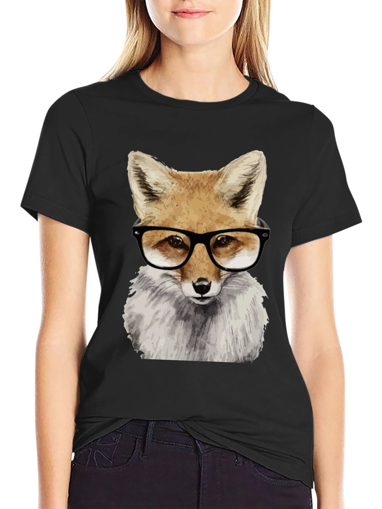 Fox with Glasses Graphic Tee - Black Cotton T-Shirt