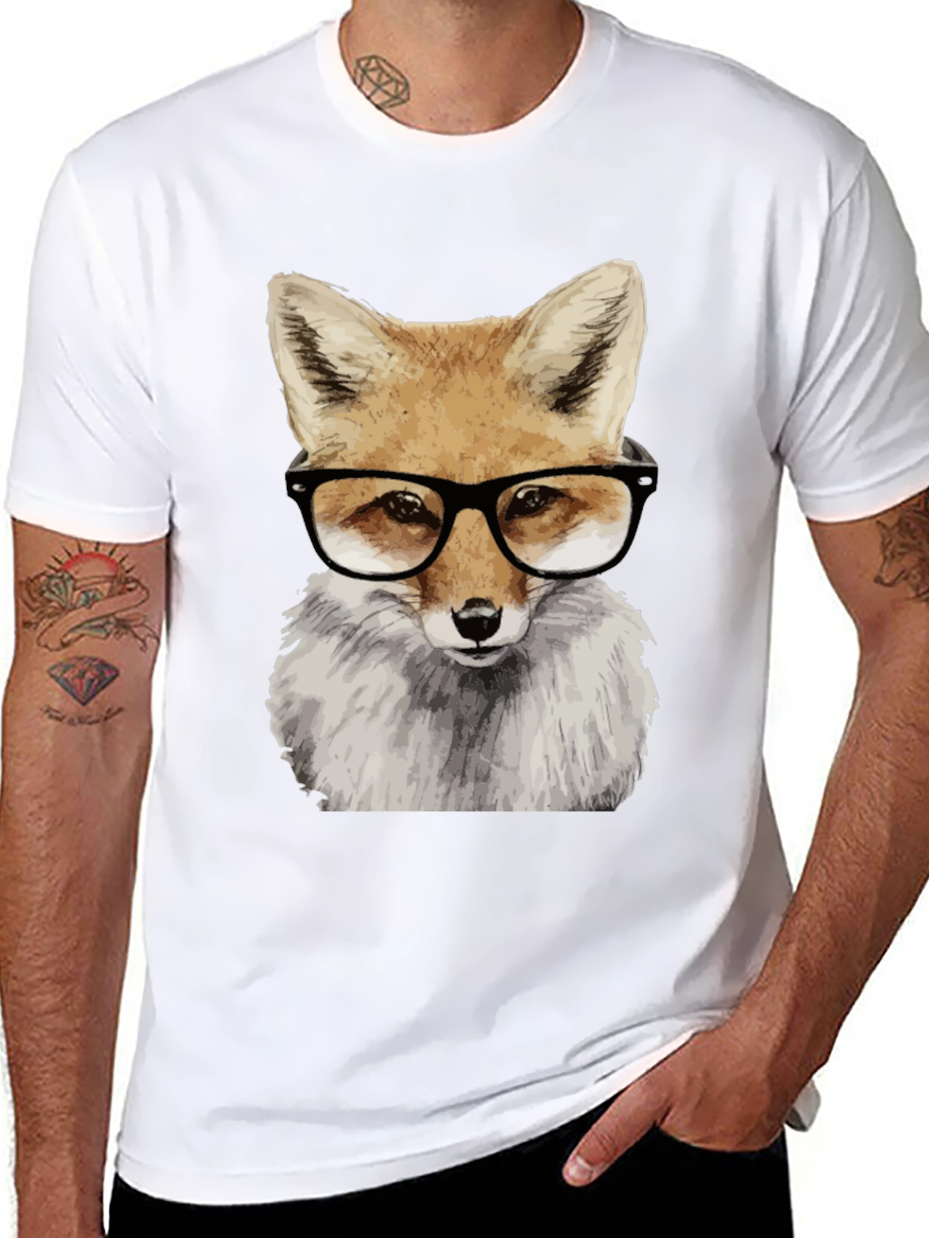 Fox with Glasses Graphic Tee - Black Cotton T-Shirt