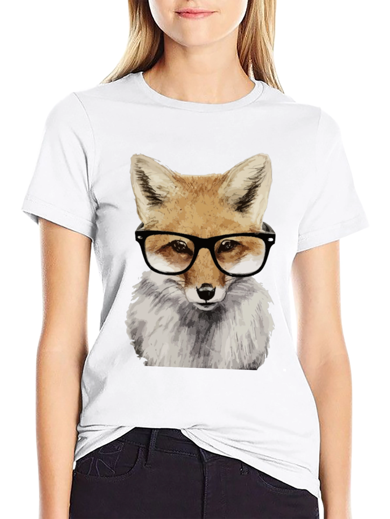 Fox with Glasses Graphic Tee - Black Cotton T-Shirt
