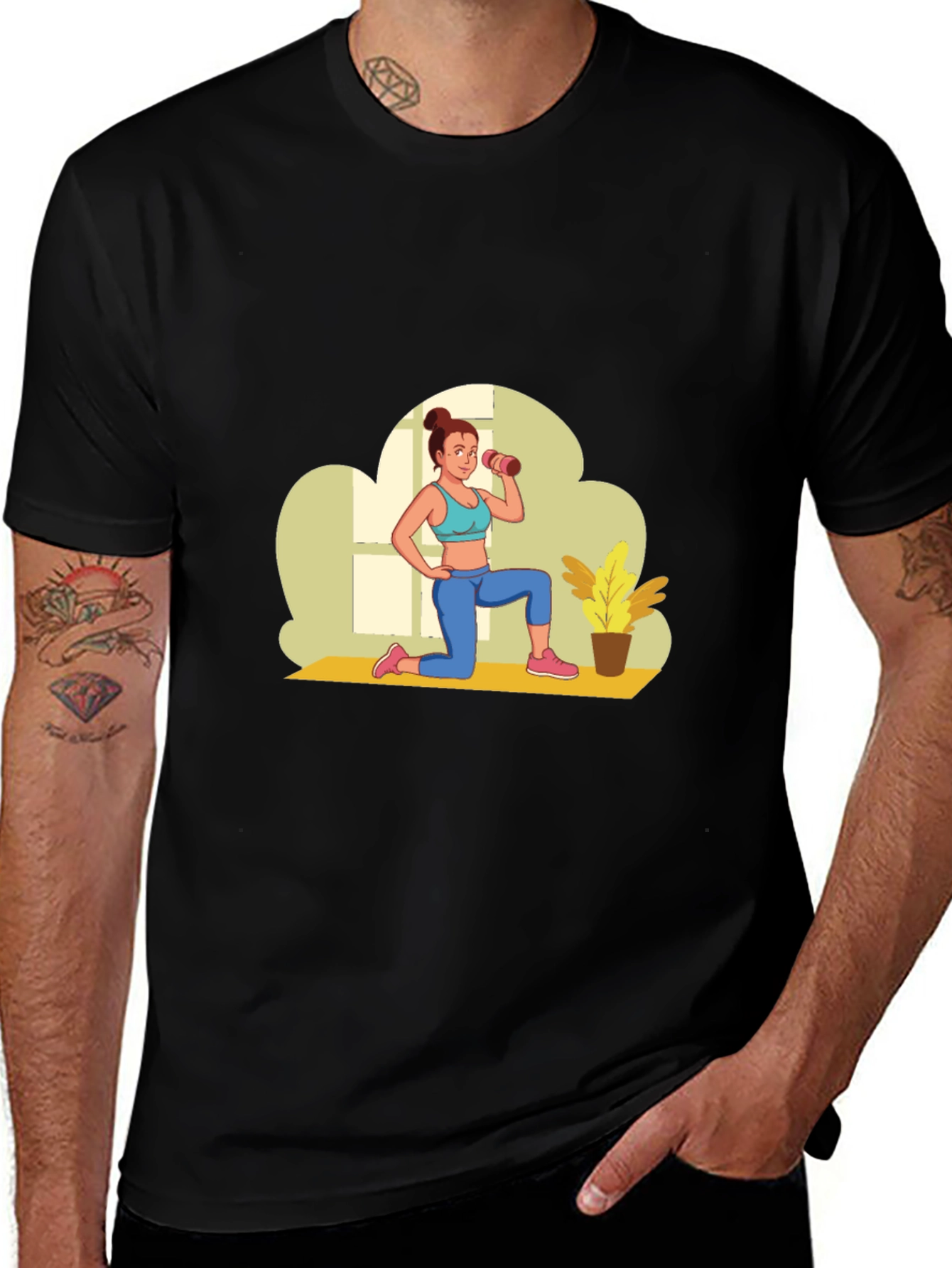 Black Graphic T-Shirt - Fitness Woman Design