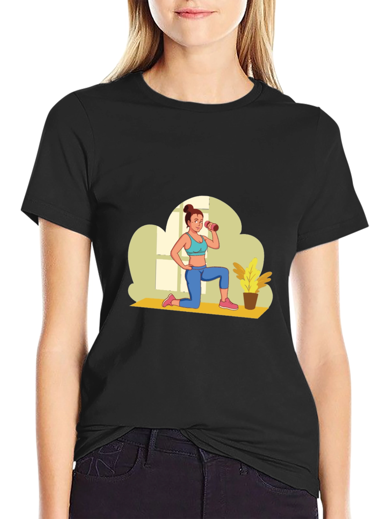 Black Graphic T-Shirt - Fitness Woman Design