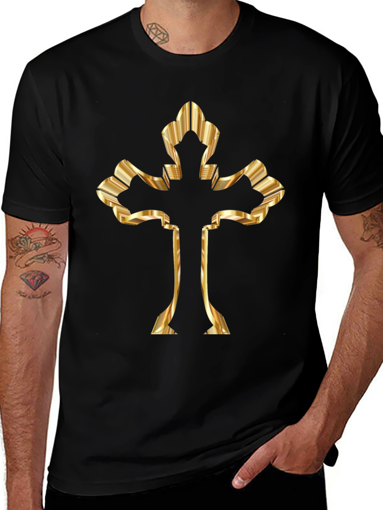 Golden Cross Graphic Print Black T-Shirt