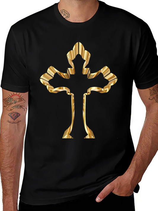 Golden Cross Graphic Print Black T-Shirt