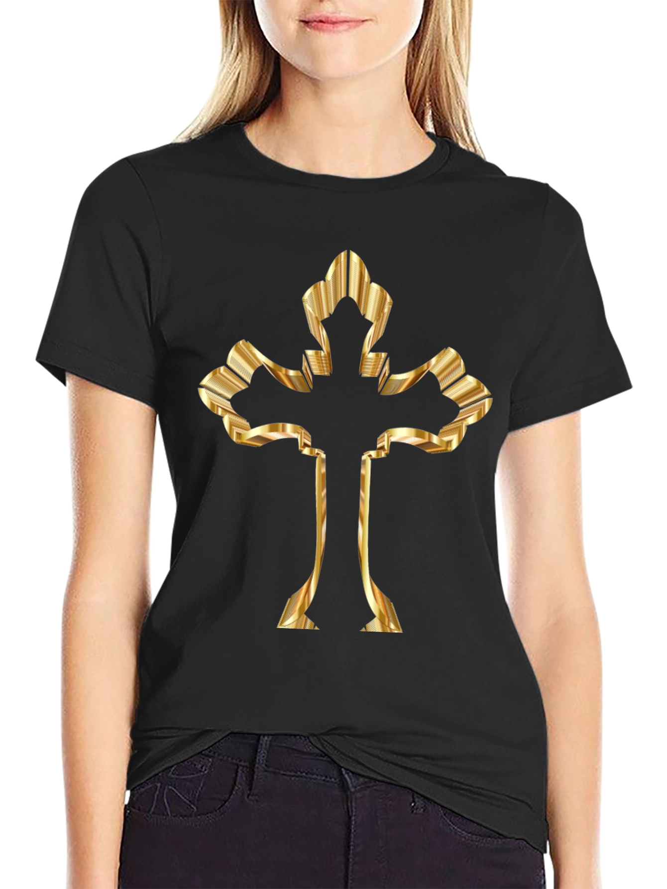 Golden Cross Graphic Print Black T-Shirt